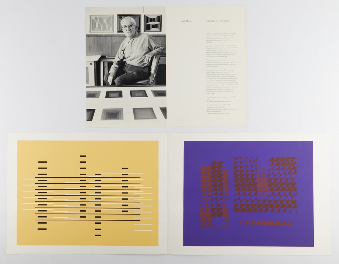 2 Josef Albers "Formulation: Articulation" Prints: Josef Albers (German, 1888-1976). Group of two screenprints from the portfolio "Formulation: Articulation," 1972. With an embossed "A" along the verso; printed along the verso "Copyright 1972 by