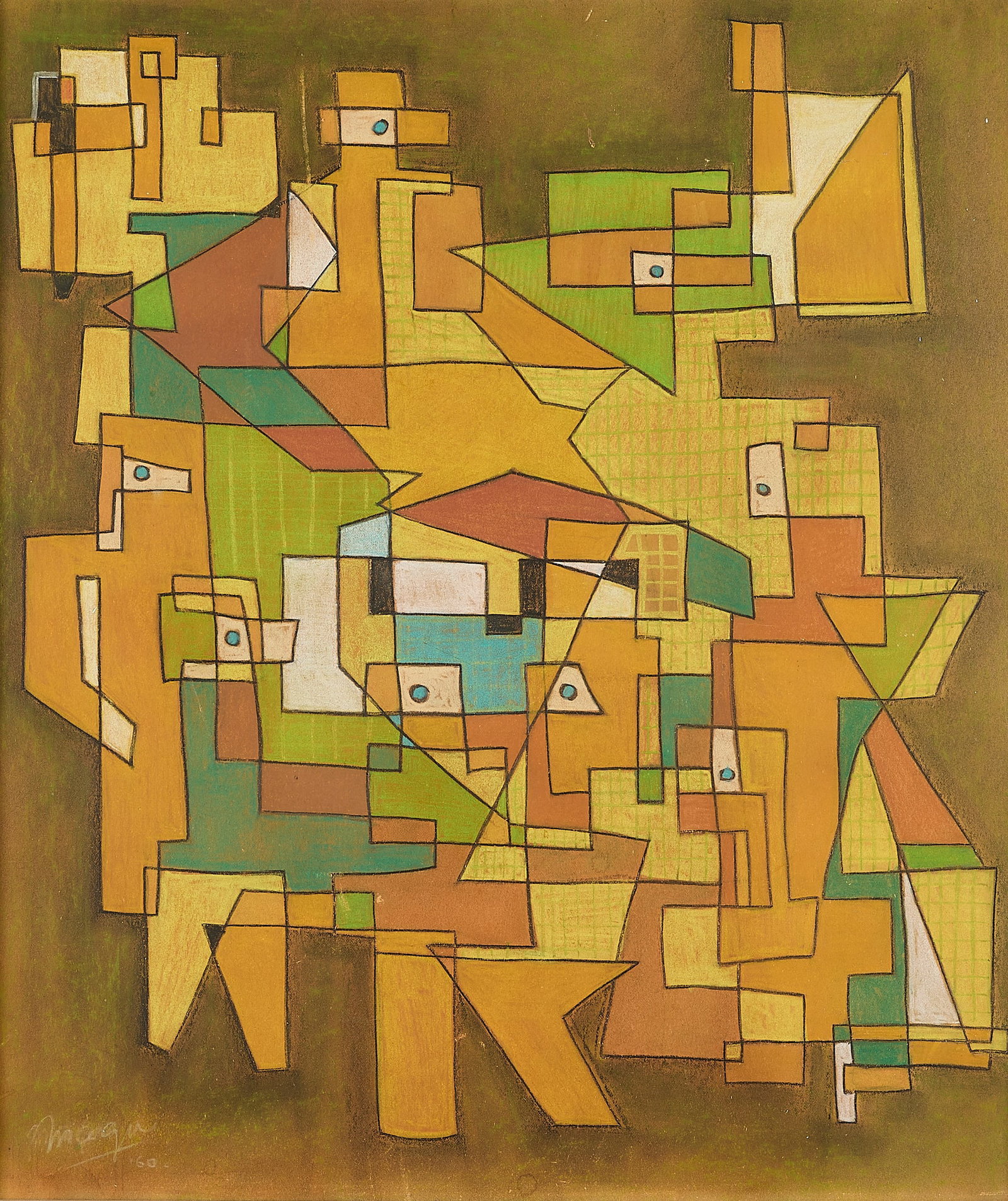 Gilbert "Magu" Lujan Oil on Board Painting: Gilbert "Magu" Lujan (Chicano American, 1940-2011). Oil on board abstract Cubist painting, 1960. Depicting interlocking structural shapes, angular line work, and stylized indigenous Mesoamerican forms