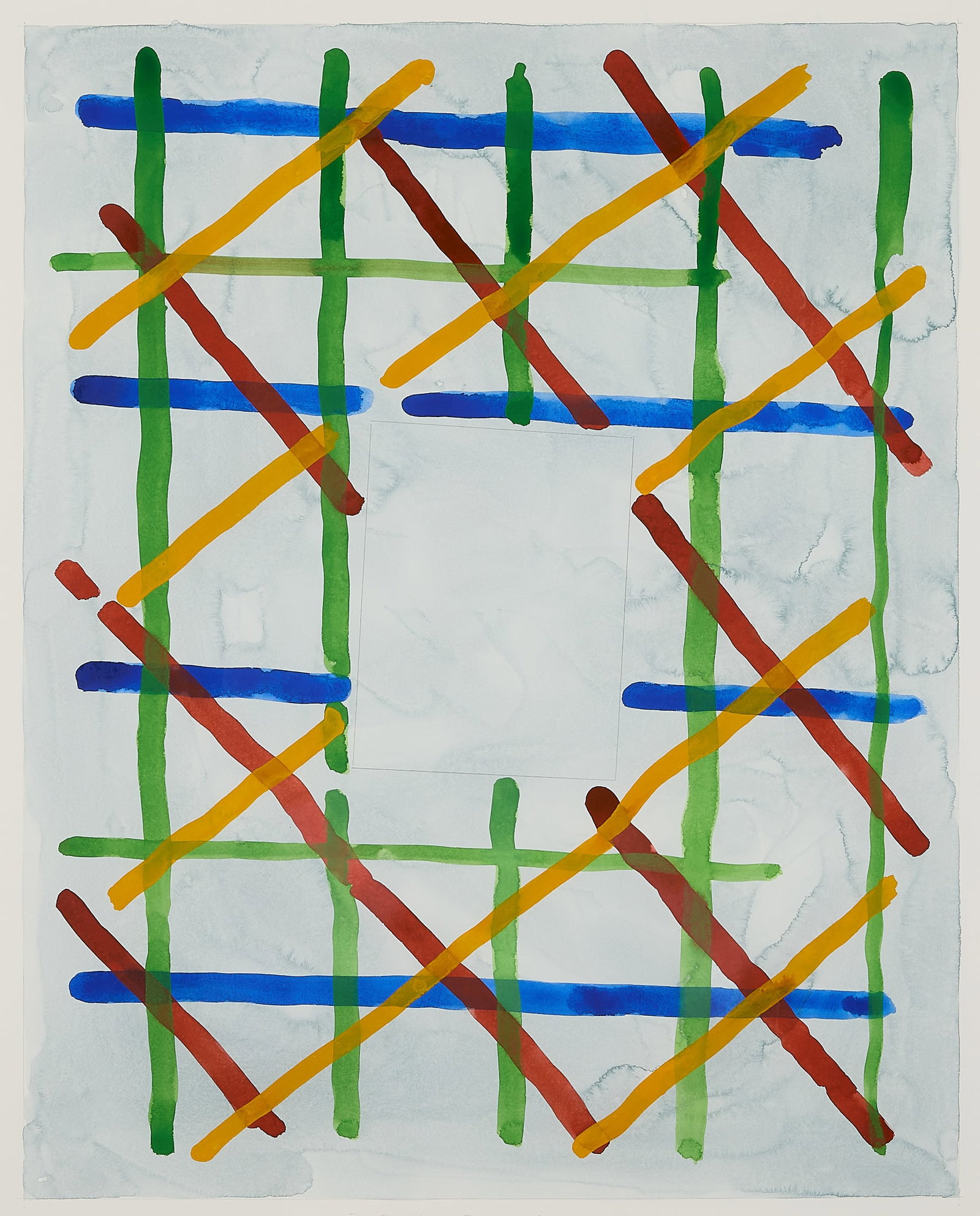 Lucio Pozzi "The Four Colour Fugue - 1" Painting: Lucio Pozzi (Italian/American, b. 1935). Watercolor on paper painting titled "The Four Colour Fugue - 1," 1993. Depicting a dynamic composition of intersecting, loose geometric stripes rendered in