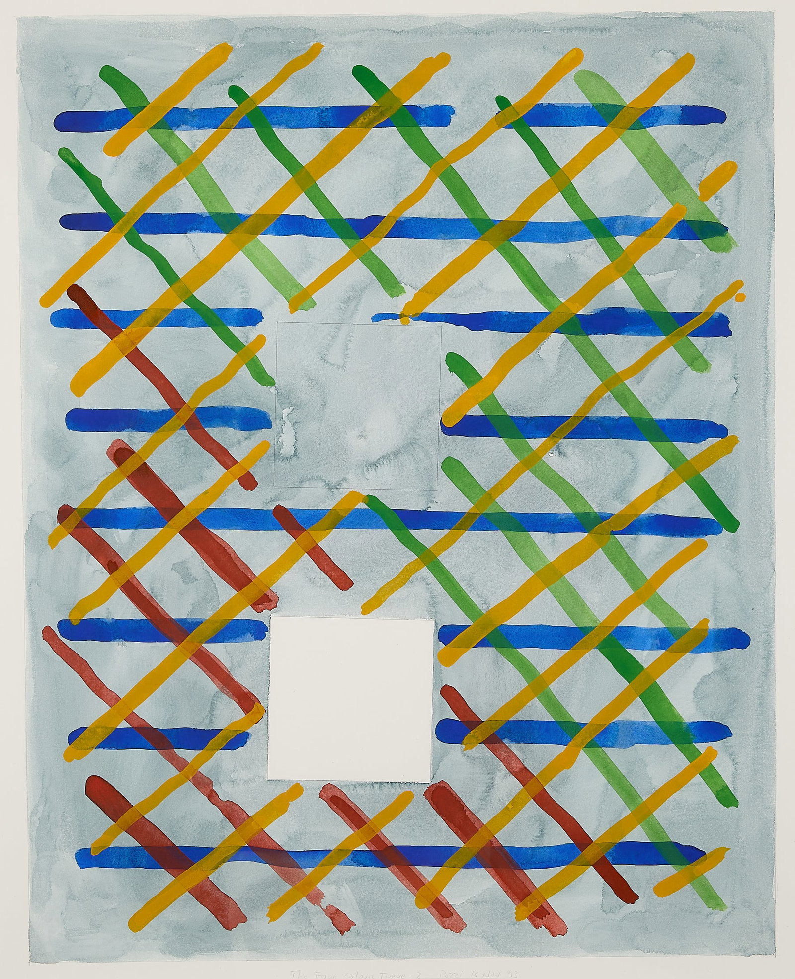 Lucio Pozzi "The Four Colour Fugue - 2" Painting: Lucio Pozzi (Italian/American, b. 1935). Watercolor on paper painting titled "The Four Colour Fugue - 2," 1993. Depicting a dynamic composition of intersecting, loose geometric stripes rendered in