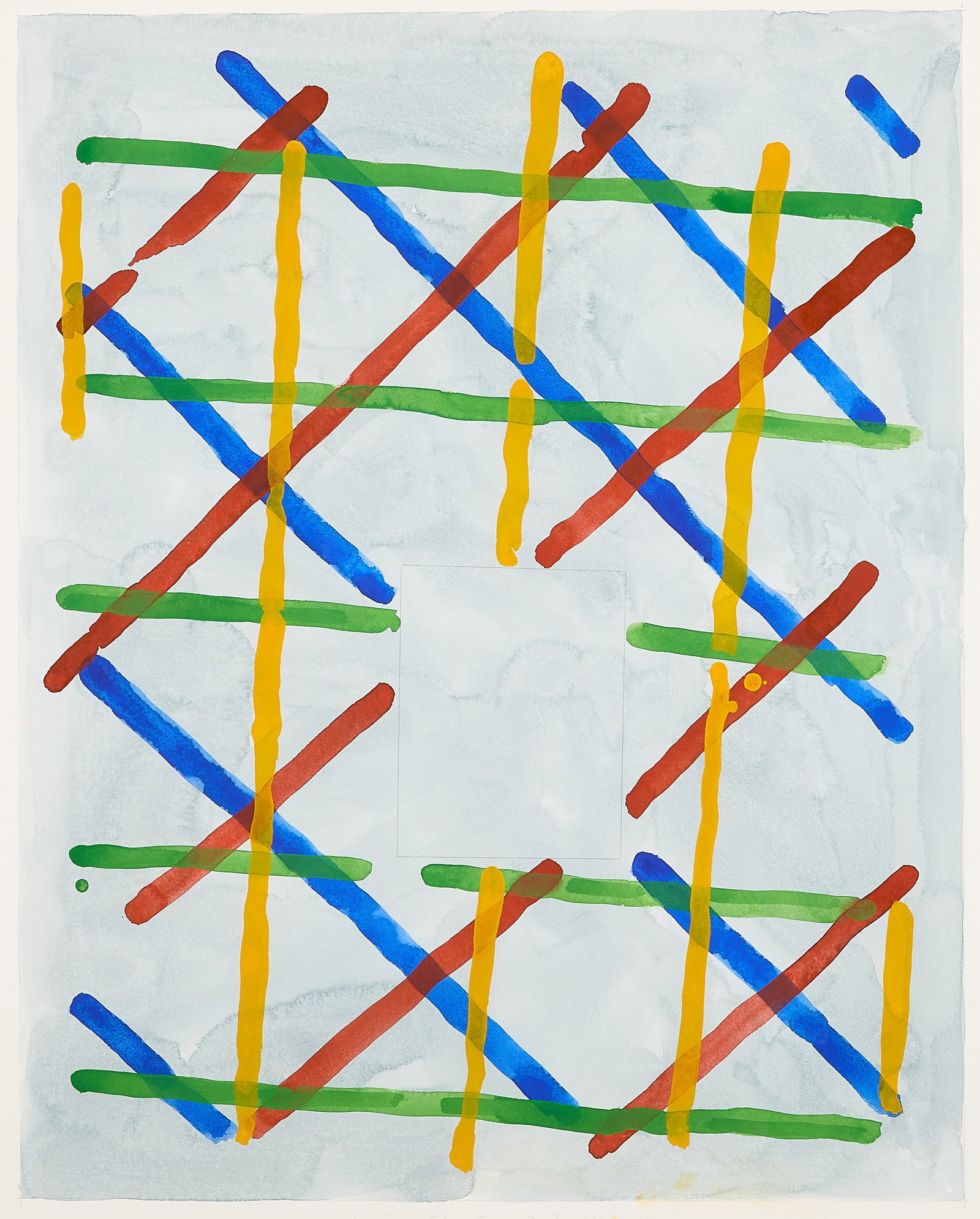 Lucio Pozzi "The Four Colour Fugue - 3" Painting: Lucio Pozzi (Italian/American, b. 1935). Watercolor on paper painting titled "The Four Colour Fugue - 3," 1993. Depicting a dynamic composition of intersecting, loose geometric stripes rendered in