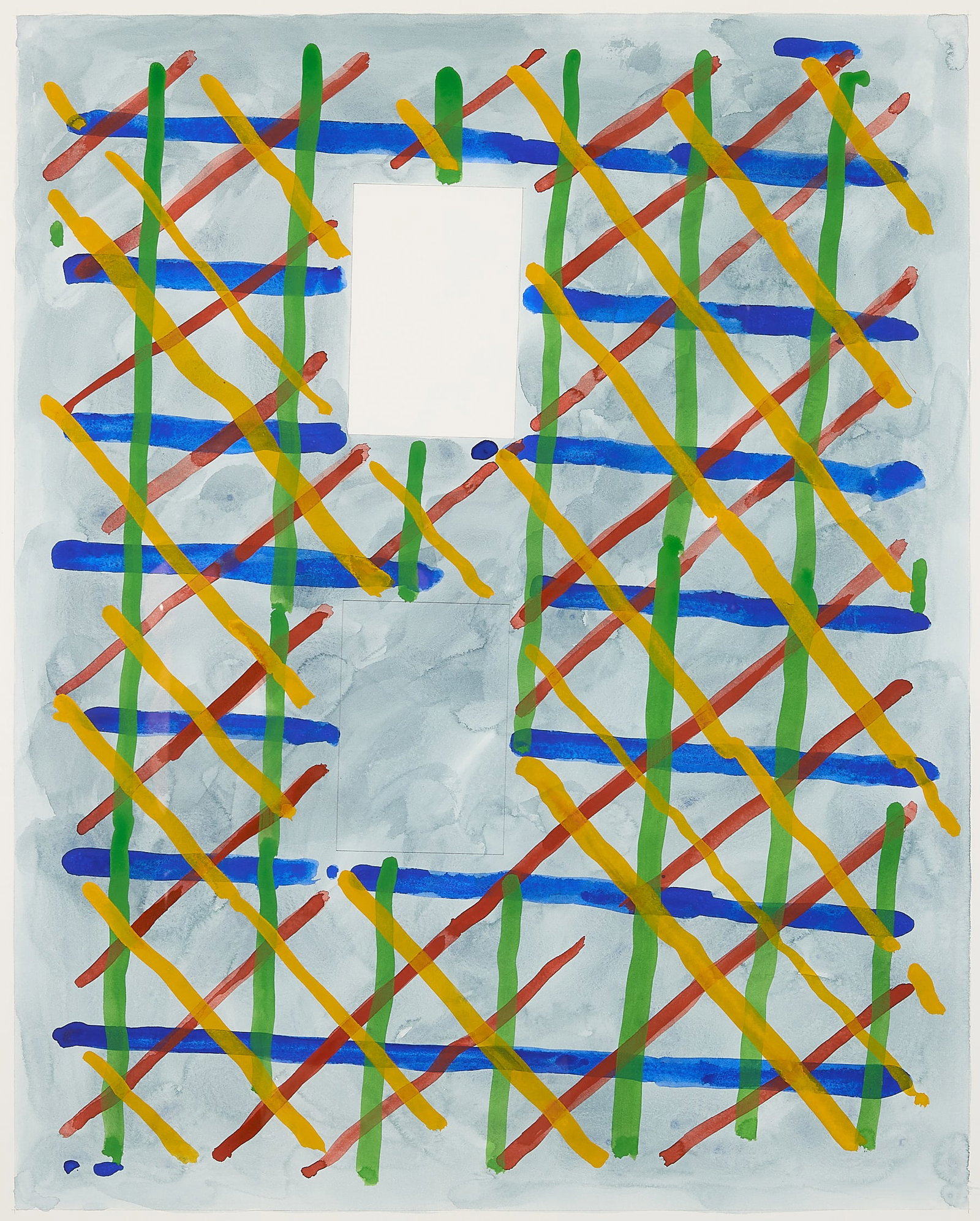Lucio Pozzi "The Four Colour Fugue - 4" Painting: Lucio Pozzi (Italian/American, b. 1935). Watercolor on paper painting titled "The Four Colour Fugue - 4," 1993. Depicting a dynamic composition of intersecting, loose geometric stripes rendered in