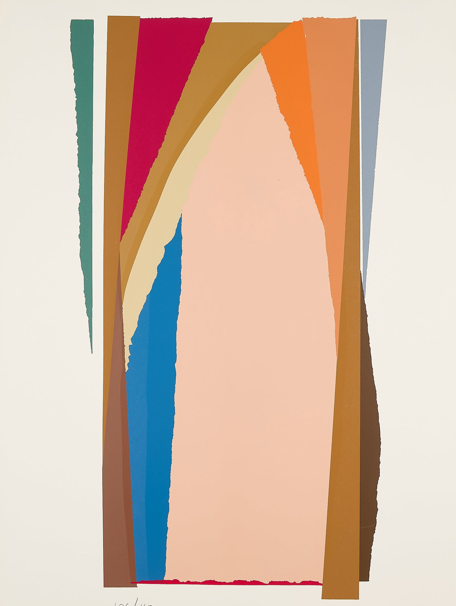 Larry Zox "Bonac II" Serigraph: Larry Zox (American, 1937-2006). Abstract expressionist serigraph print on paper titled "Bonac II," late 20th century. Featuring bold, angular stripes in various muted and vibrant colors such as