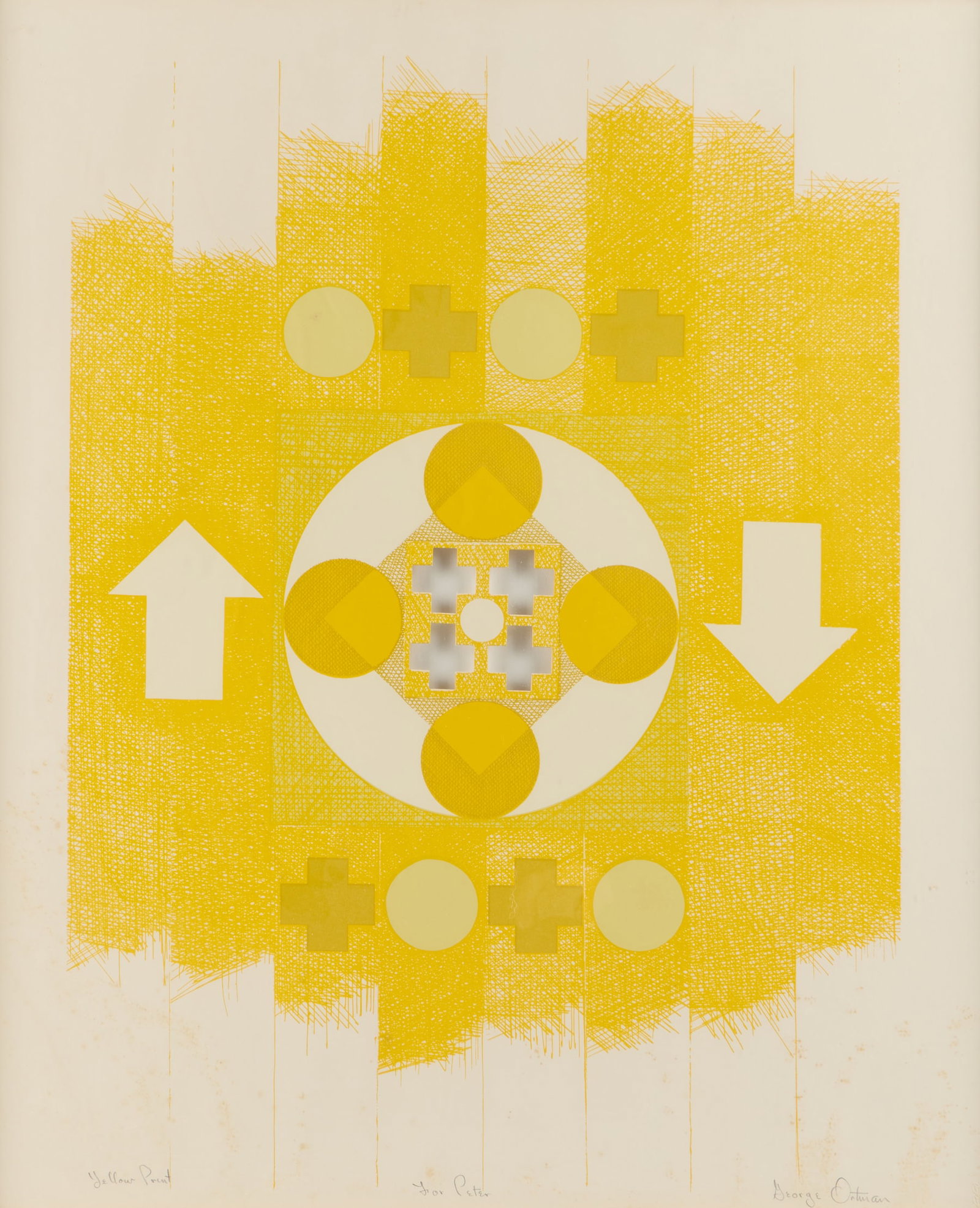 George Ortman "Untitled" X+X Serigraph Print 1964: George Ortman (American, 1926-2015). Serigraph print on paper titled "Untitled," from the "X+X (Ten Works by Ten Painters)" portfolio, 1964. Depicting a vibrant yellow hard-edge geometric