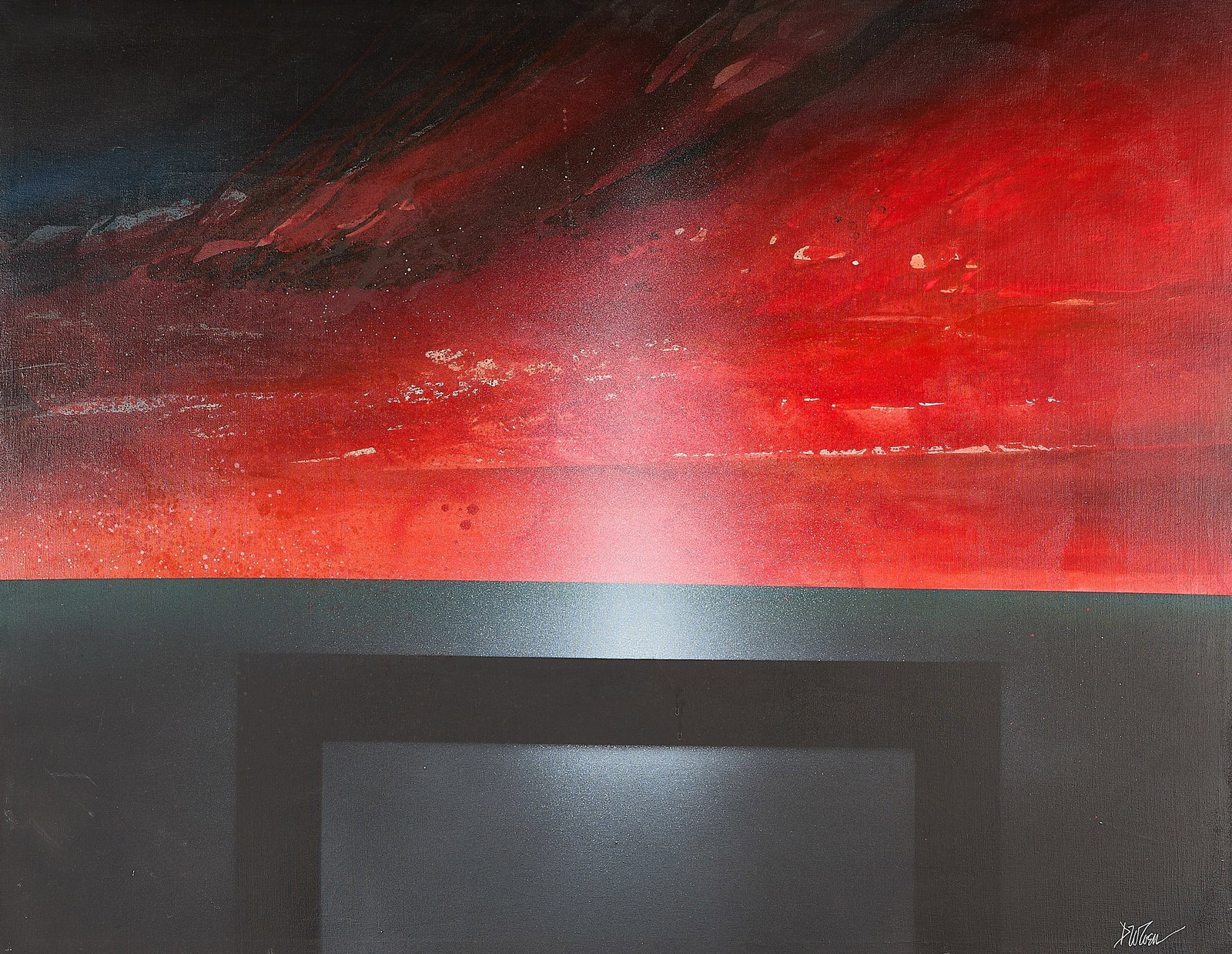 Don Coen "Untitled Acrylic # 7" Painting: Don Coen (American, 1935-2025). Acrylic on canvas abstract landscape painting titled "Untitled Acrylic # 7," 20th century. Depicting a volcanic scene dominated by intense crimson and deep reds along