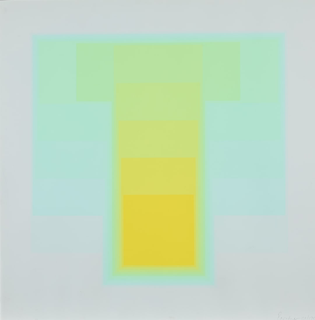 Karl Gerstner Color Sounds #2 Silkscreen: Karl Gerstner (Swiss, 1930-2017). Silkscreen in colors on wove paper titled "Color Sounds #2," from the "Color Sounds" series, ca. 1973, depicting a brightly colored geometric composition. Pencil