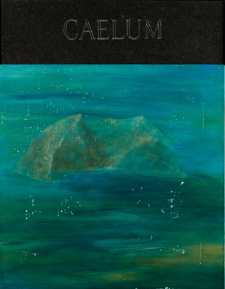 Thomas Rose "Caelum" Mixed Media 1989: Thomas Rose (American, 20th/21st c.). Oil on wood with granite painting titled "Caelum" depicting a rock half submerged in the water with title carved along the upper, 1989. Signed and dated along the