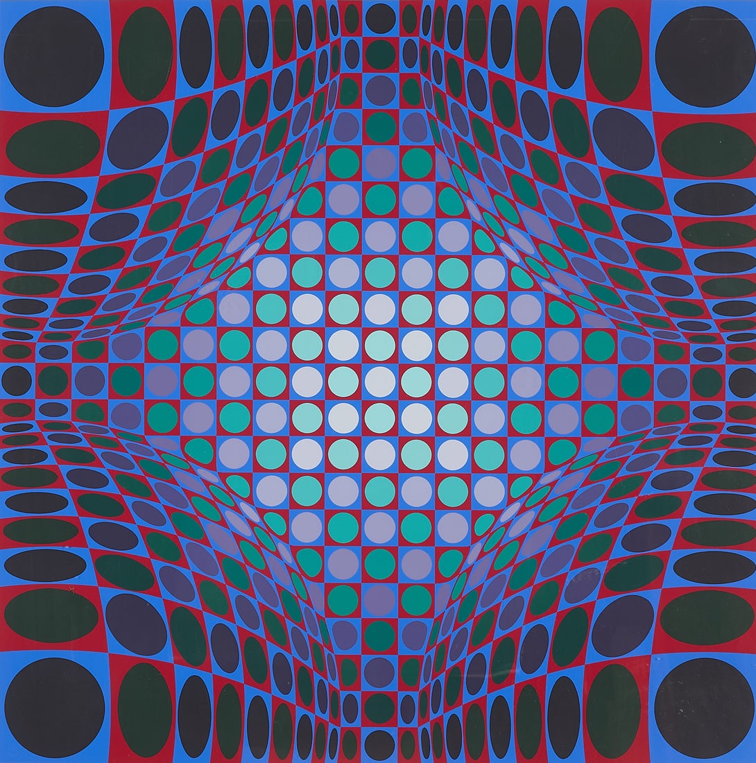 Victor Vasarely Op Art Serigraph Print: Victor Vasarely (Hungarian/French, 1906-1997). Serigraph print on paper featuring a warped grid pattern that creates a powerful three-dimensional optical illusion. Pencil signed along the lower
