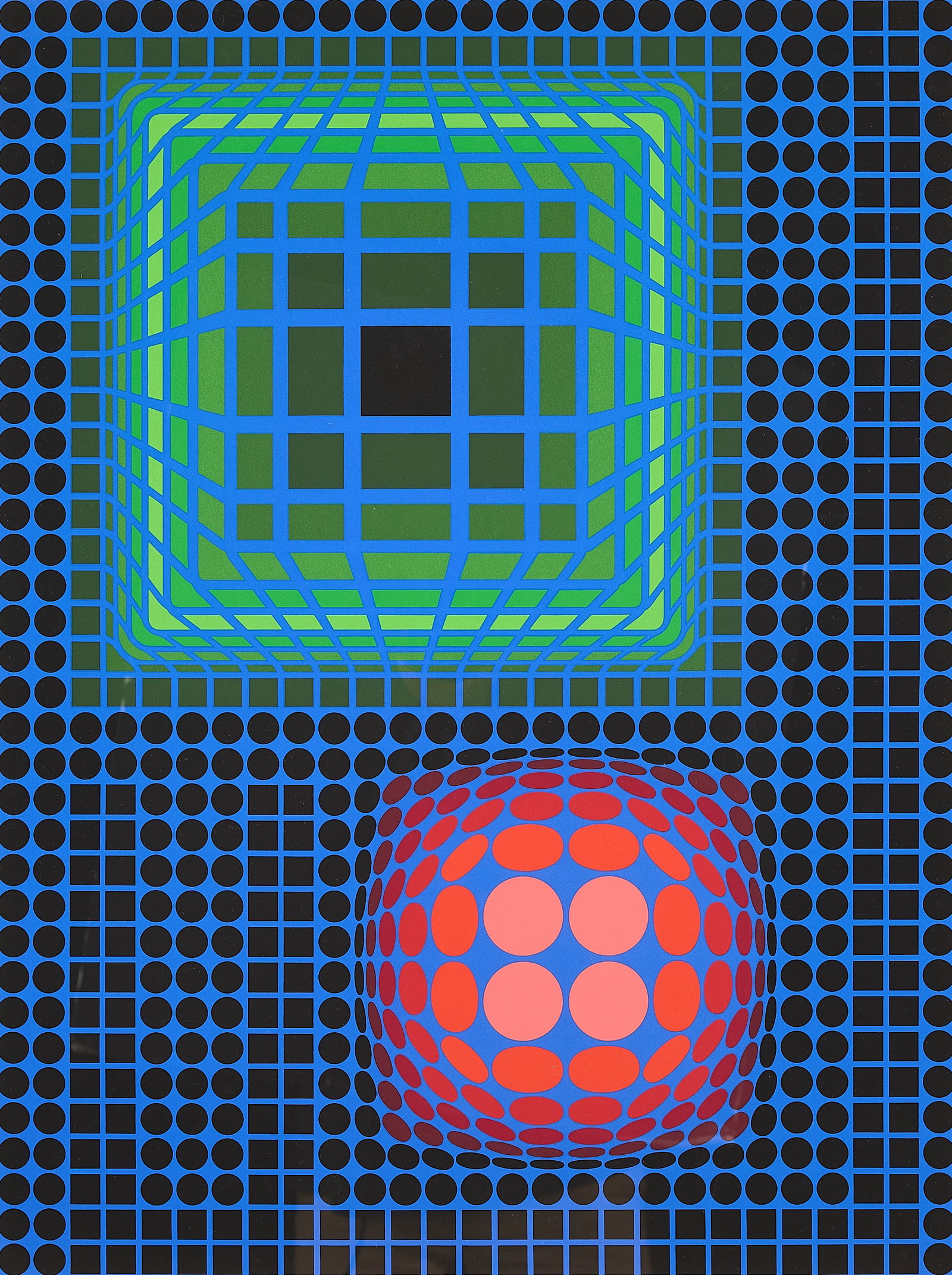 Victor Vasarely "Tamafa" Geometric Serigraph: Victor Vasarely (Hungarian/French, 1906-1997). Serigraph print on paper titled "Tamafa," depicting a cube and a sphere. Pencil signed along the lower right and editioned 221/250 along the lower left.
