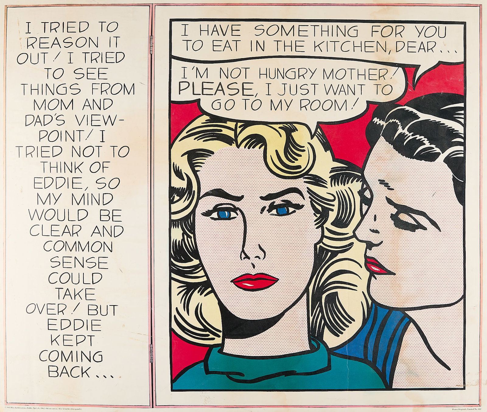 Roy Lichtenstein "Eddie Diptych" Art Pop Poster: Roy Lichtenstein (American, 1923-1997). Art Pop lithograph advertising poster titled "Eddie Diptych" for the "Works from the 1950s and 1960s: Selections for the Ileana and Michael Sonnabend Collection