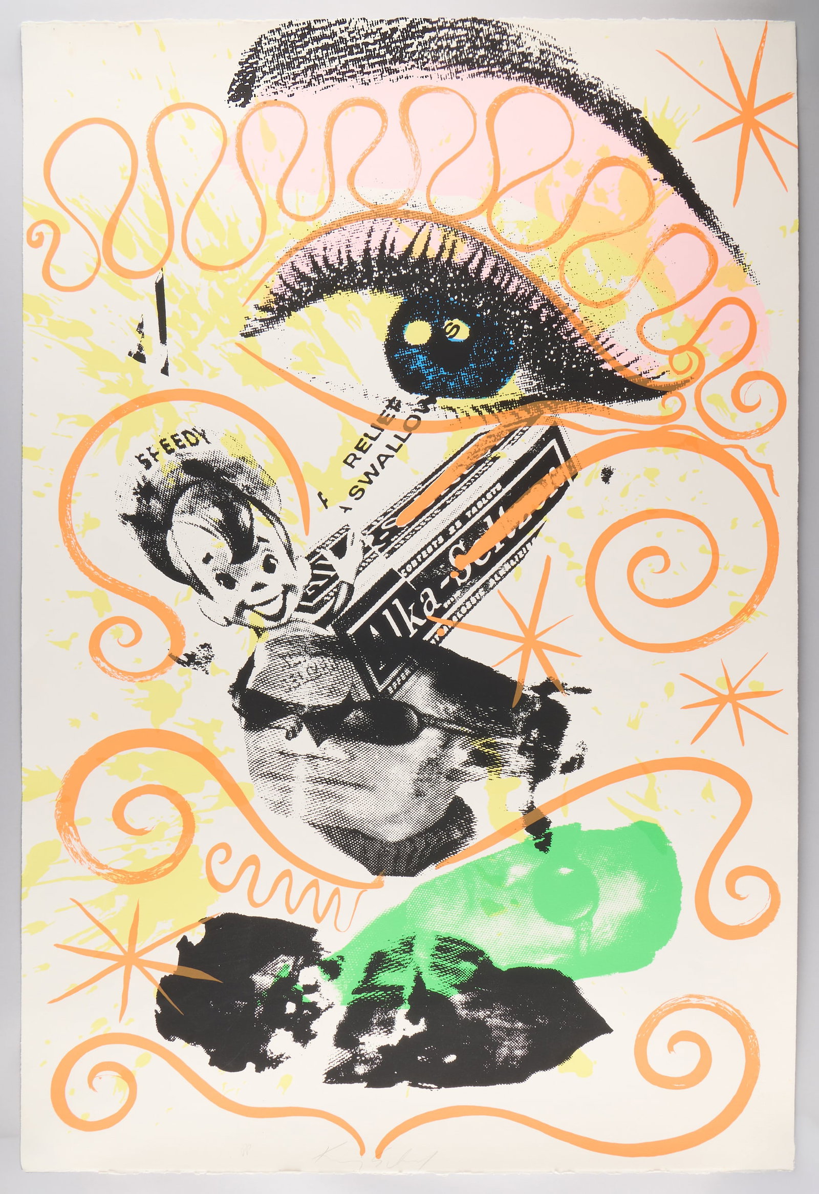Kenny Scharf "Best Buddies" Serigraph 1993: Kenny Scharf (American, b. 1958). Serigraph print on paper titled "Best Buddies," 1993. Depicting a vibrant, pop art collage blending consumer imagery like Alka-Seltzer and Speedy with bold neon squig