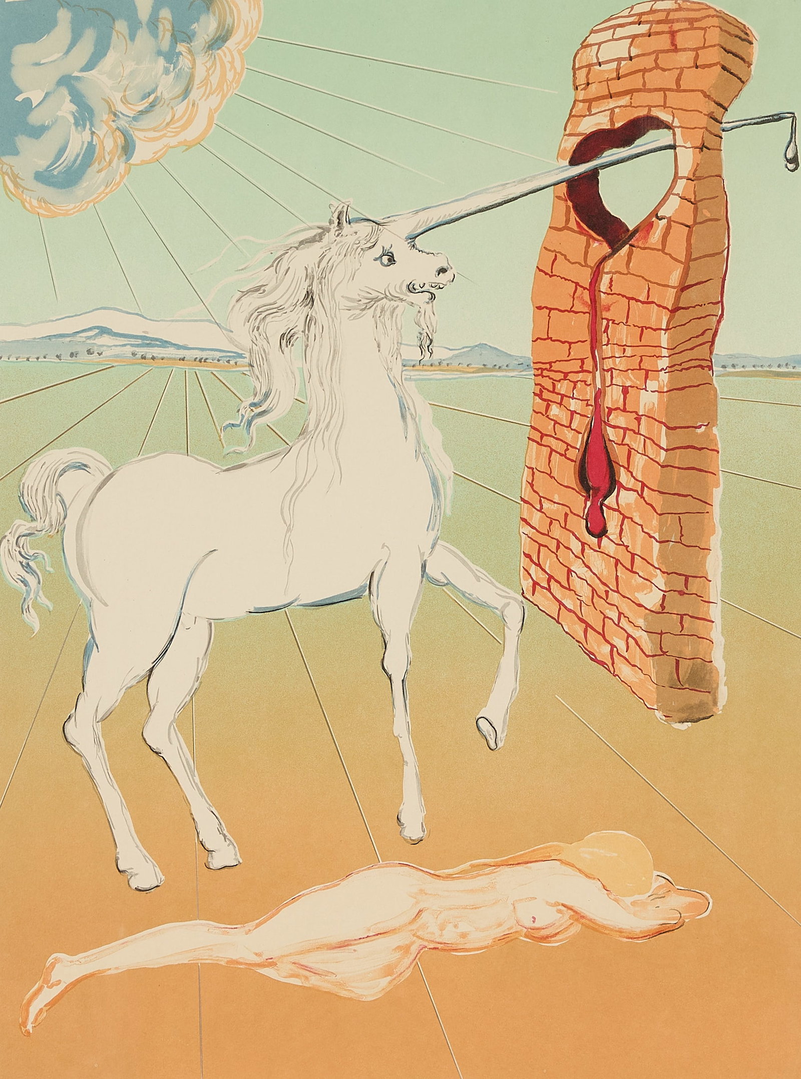 Salvador Dali "The Agony of Love" Lithograph: Salvador Dali (Spanish, 1904-1989). Lithograph print on paper titled "The Agony of Love," from the "Retrospective Suite," 1982. Depicting a white unicorn's horn piercing a heart-shaped hole in a brick