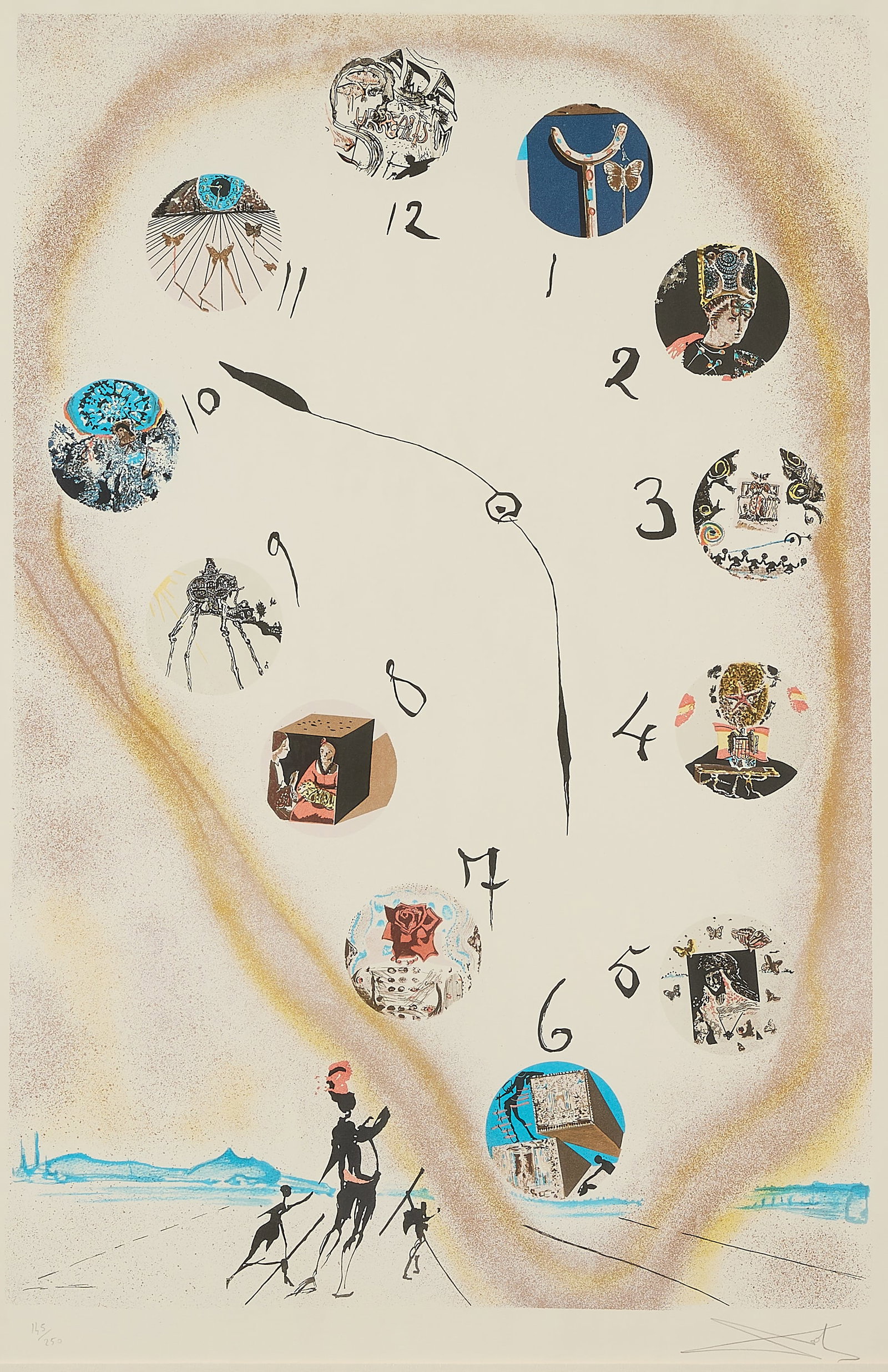 Salvador Dali "Time and Space" Lithograph: Salvador Dali (Spanish, 1904-1989). Lithograph print on paper titled "Time and Space," 1980. Depicting a large, elongated clock face with each hour marker containing a small, circular vignette featuri