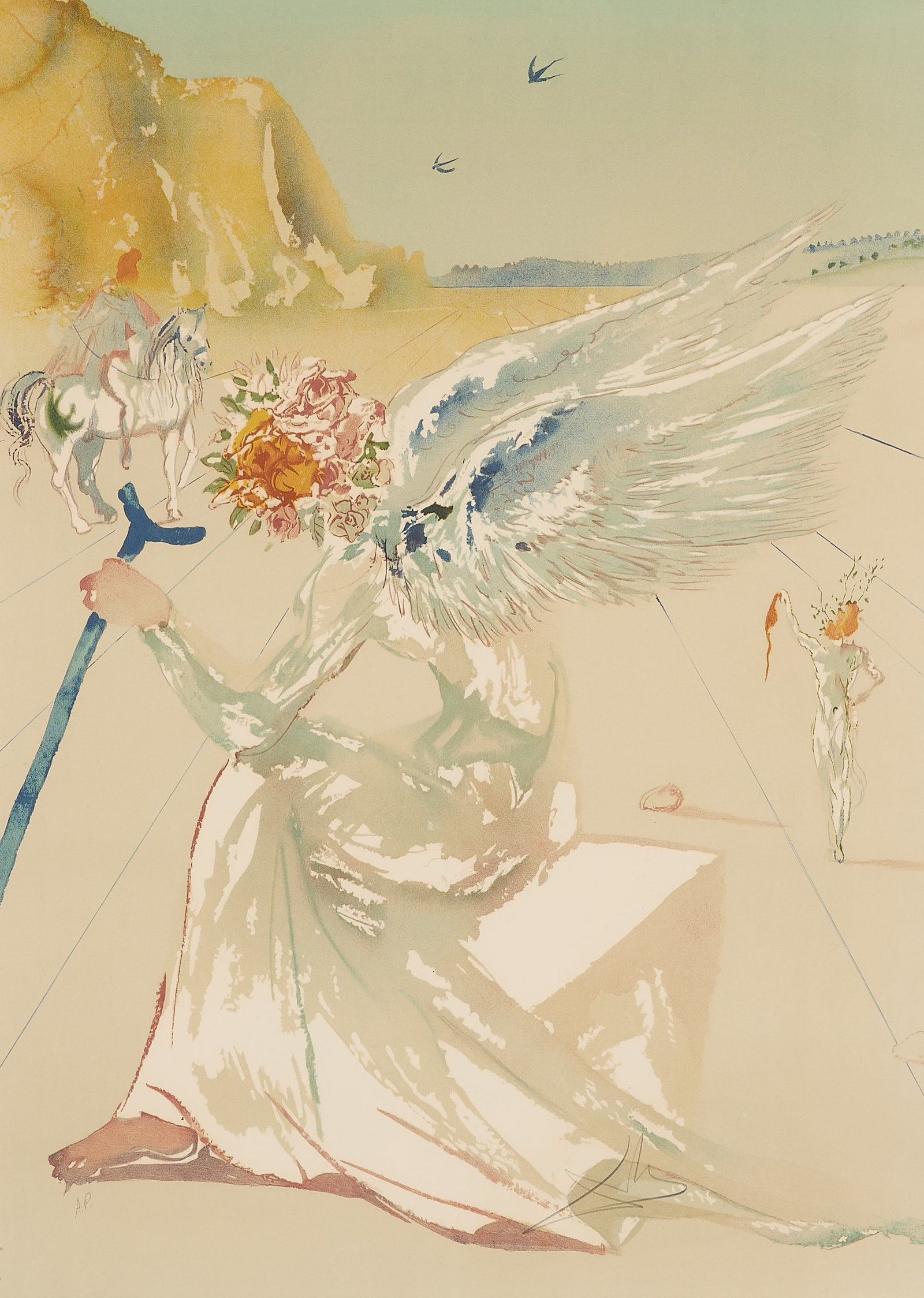 Salvador Dali "Helen of Troy" Lithograph Print: Salvador Dali (Spanish, 1904-1989). Lithograph print on paper titled "Helen of Troy," from the "Hommage a Homere" suite, 1977. Depicting a surrealist reimagining of the classical Greek myth, featuring