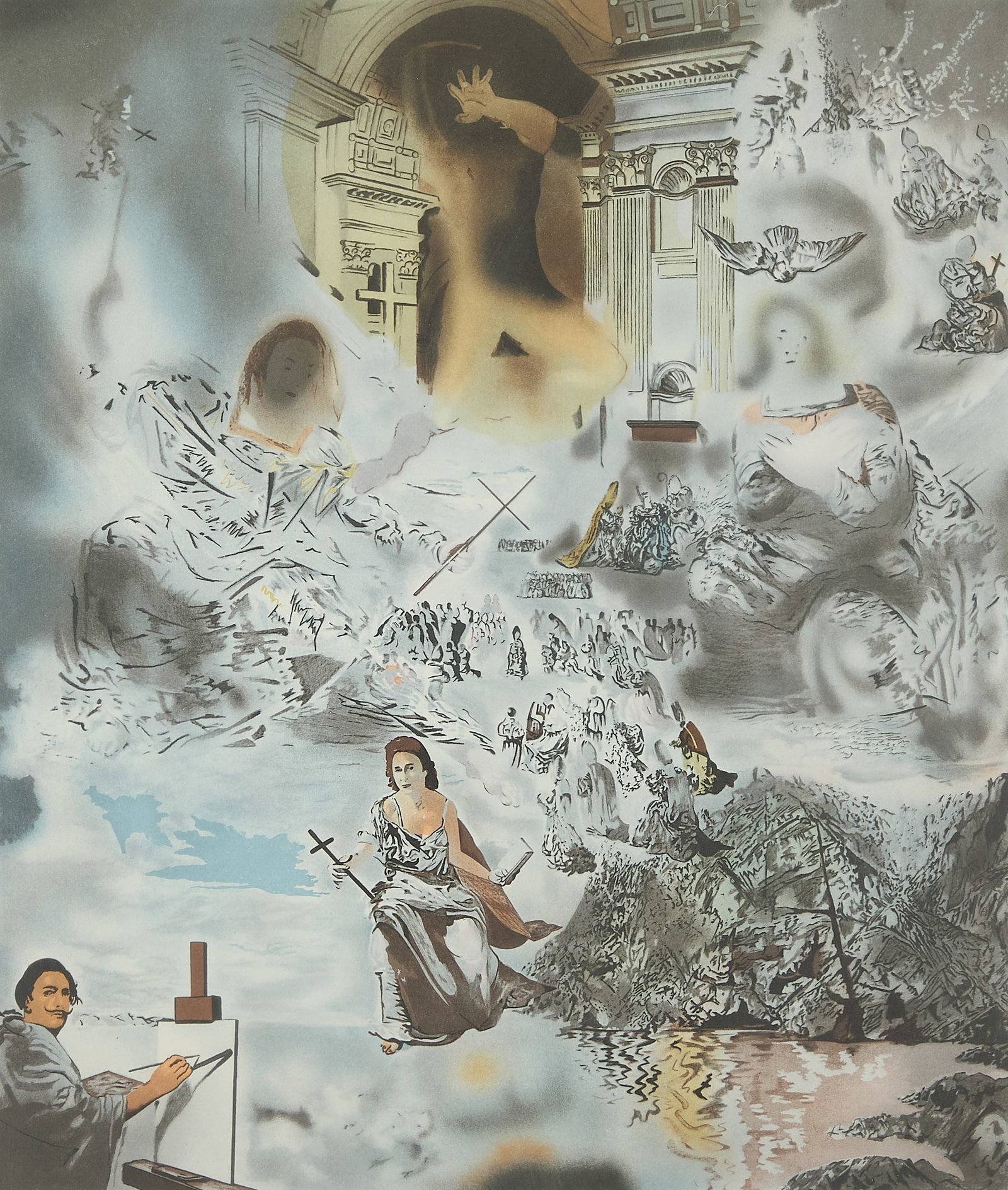 After Dali "The Ecumenical Council" Lithograph: After Salvador Dali (Spanish, 1904-1989). Lithograph print on paper titled "The Ecumenical Council," 1983; after a painting by Salvador Dali of the same title completed in 1960. Depicting a monumental