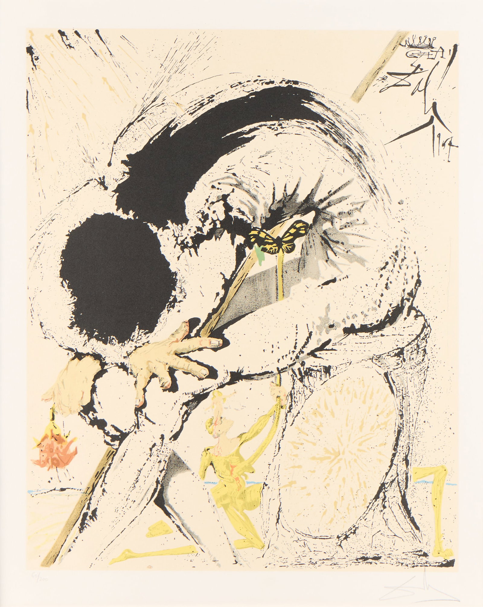 Salvador Dali "Don Quixote Overwhelmed" Lithograph: Salvador Dali (Spanish, 1904-1989). Etching and lithograph print on paper titled "Don Quixote Overwhelmed (Don Quichotte accable)," 1957. Depicting a figure hunched over in a surrealist scene. Pencil 