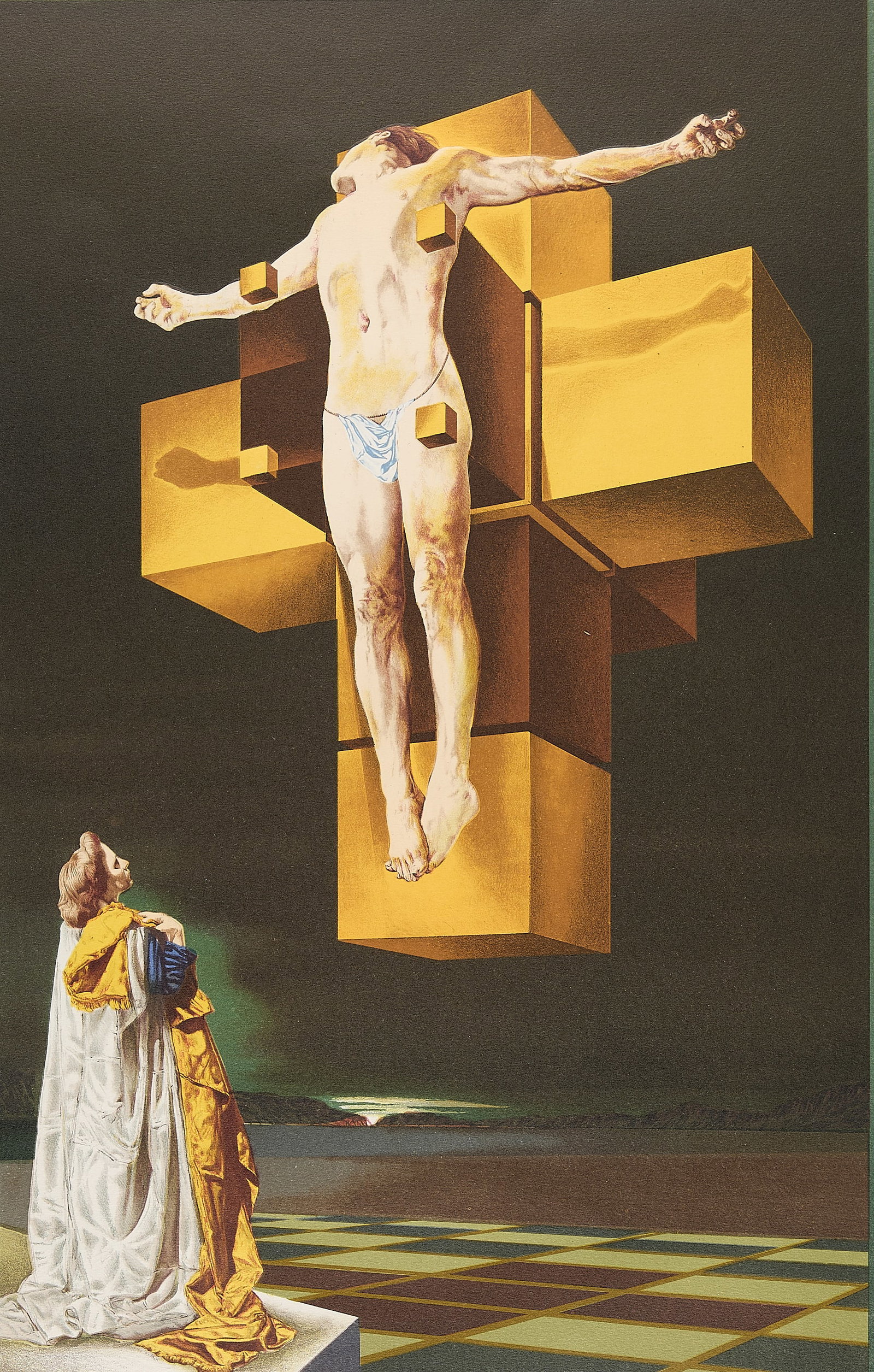 After Salvador Dali "Crucifixion" Lithograph: After Salvador Dali (Spanish, 1904-1989). Lithograph print on paper titled "Crucifixion (Corpus Hypercubus)," depicting a surrealist scene. Pencil signed along the lower right and numbered 50/150 alon