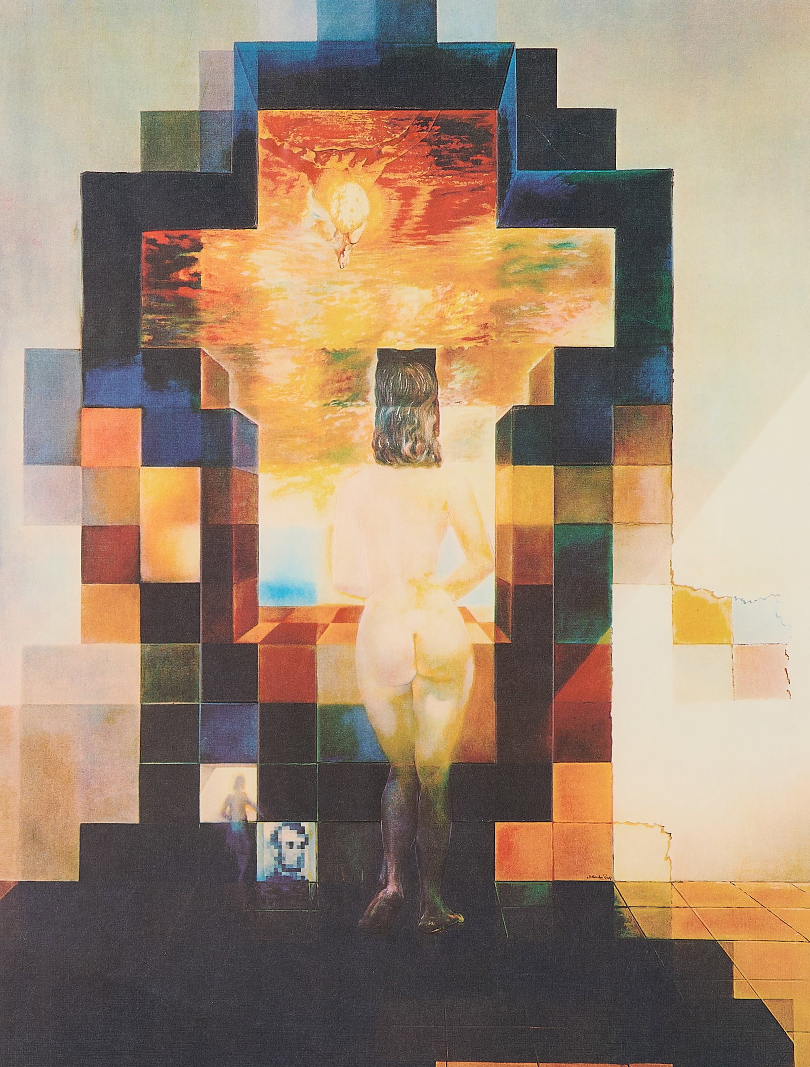 After Dali "Lincoln in Dalivision" Lithograph: After Salvador Dali (Spanish, 1904-1989). Lithograph print on paper titled "Gala Nude/Abraham Lincoln," alternatively titled "Lincoln in Dalivision." Depicting a nude figure surrounded by cubic forms