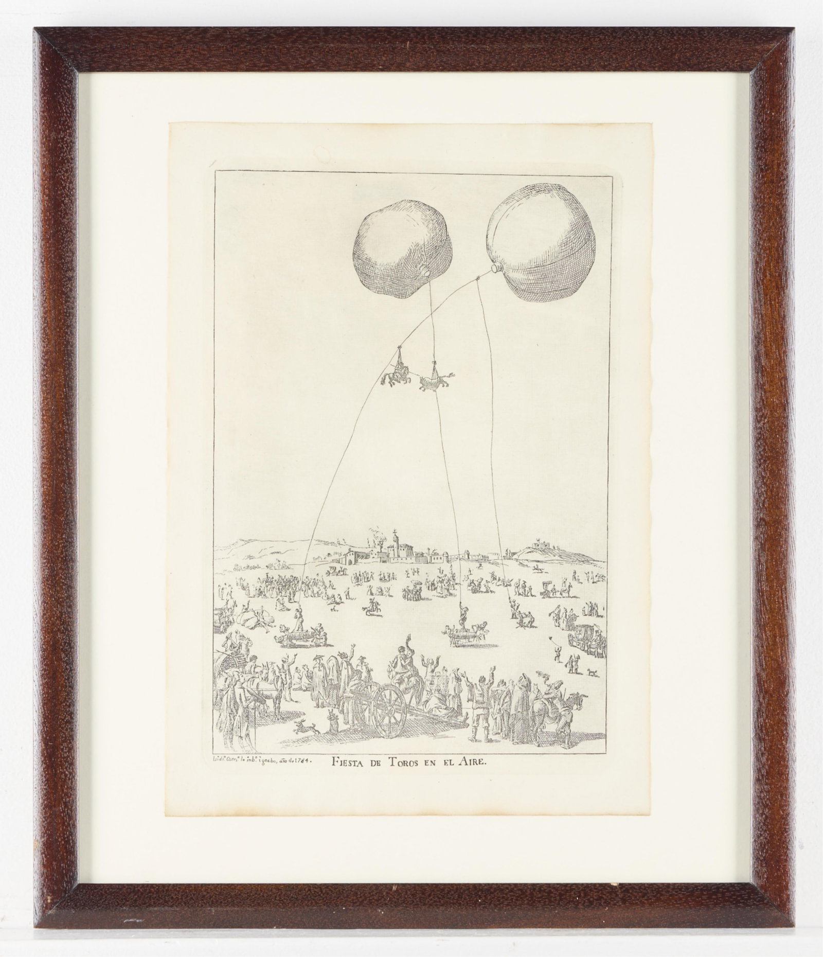 Isidro Carnicero "Fiesta de Toros...Aire" Etching: Isidro Carnicero (Spanish, 1736-1804). Etching on paper titled "Fiesta de Toros en el Aire (Bullfighting Festival in the Sky)," engraved in 1784. Depicting a scene of a bullfighter and a bull held alo