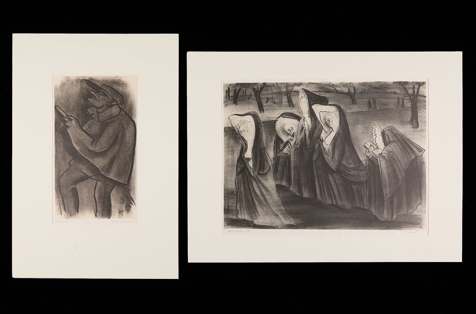 2 Adolf Dehn Expressionist Lithograph Prints: Adolf Dehn (American, 1895-1968). Group of two lithograph prints on paper, including one titled "Blind Man" and one titled "A Silent Prayer in the Luxembourg," each 1928. One depicting a man walking w