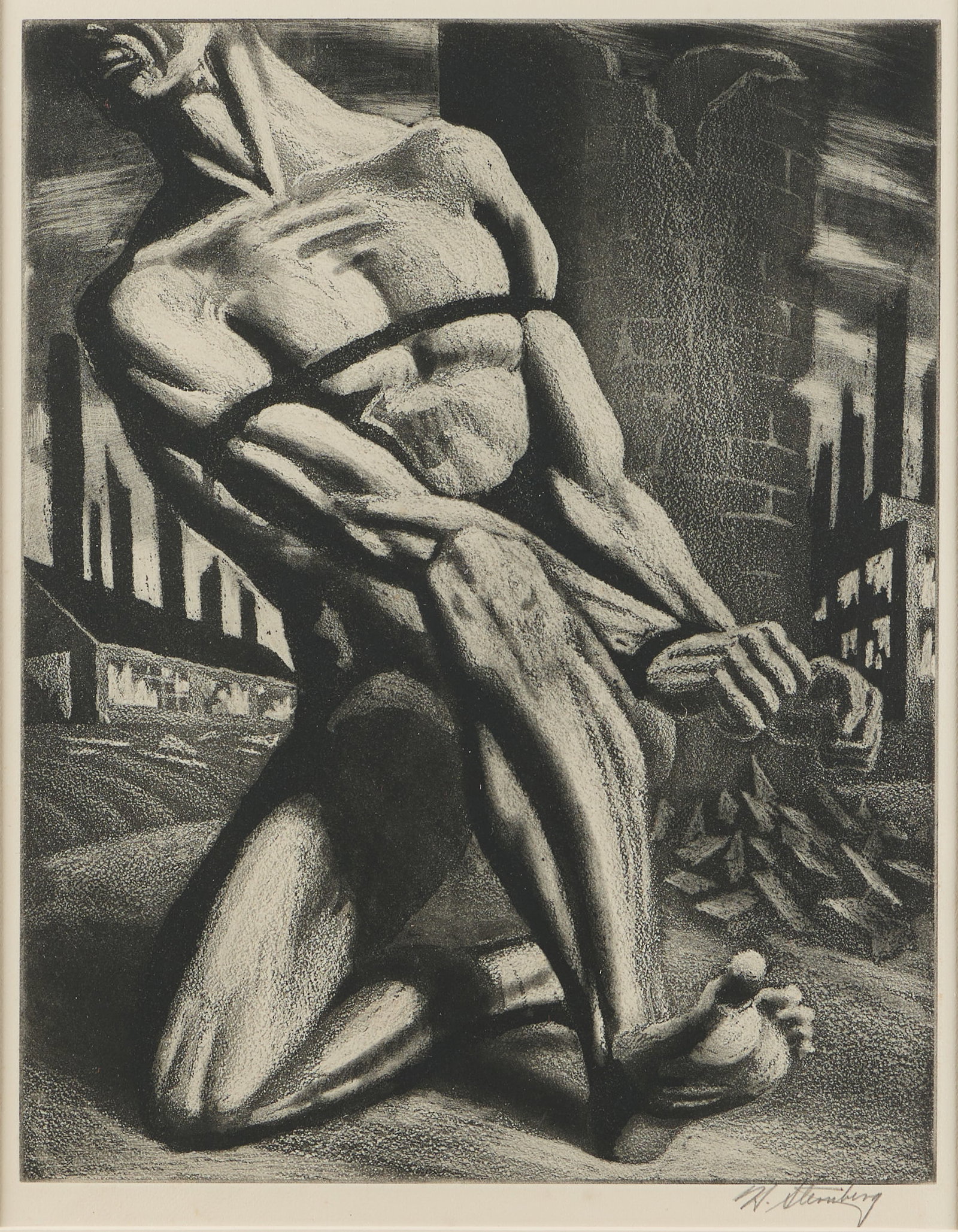 Harry Sternberg "Enough (Boundman)" Etching: Harry Sternberg (American, 1904-2001). Etching and aquatint print on paper titled "Enough (Boundman)," 1959. Depicting a man bound by ropes against an industrial background, serving as a metaphor for 