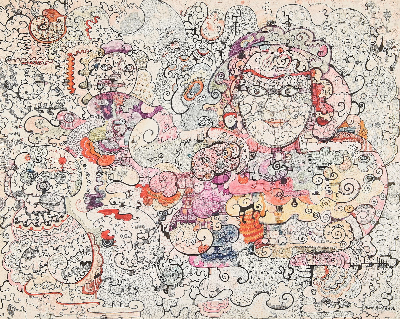 Alma Rumball "Guardian of the East" Giclee: Alma Rumball (Canadian, 1902-1980). Giclee print on paper titled "Guardian of the East," circa 1965; after an automatic ink drawing by Alma Rumball of the same title. Depicting a female figure compose