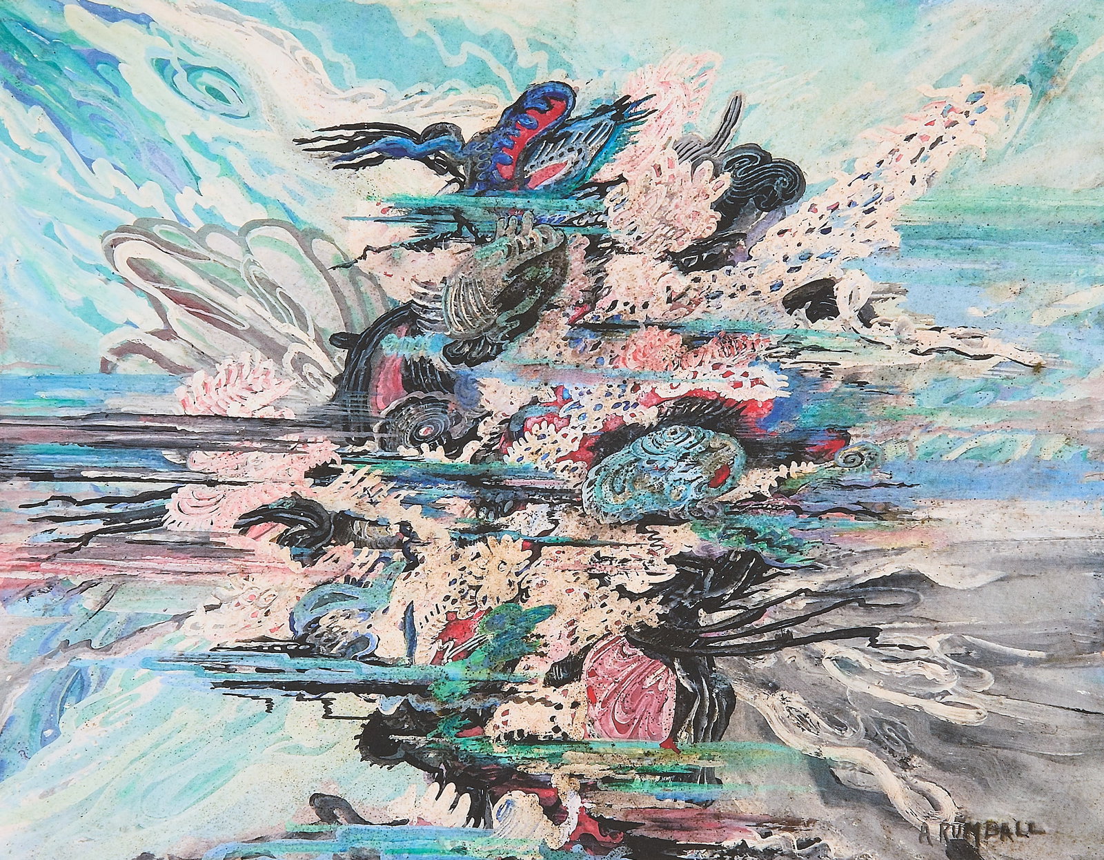 Alma Rumball "The Firmament" Giclee: Alma Rumball (Canadian, 1902-1980). Giclee print on paper titled "The Firmament," circa 1965; after an automatic ink drawing by Alma Rumball of the same title. Depicting a collision of sea and sky,