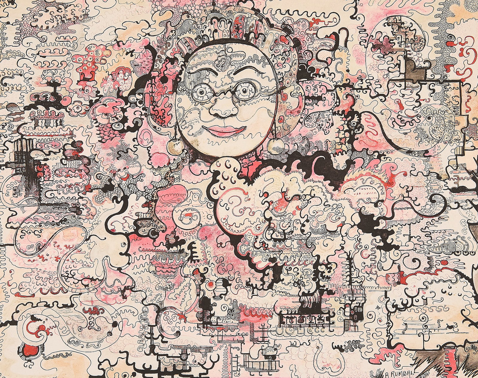 Alma Rumball "Aba - Guardian of the South" Giclee: Alma Rumball (Canadian, 1902-1980). Giclee print on paper titled "Aba - Guardian of the South," circa 1965; after an automatic ink drawing by Alma Rumball of the same title. Depicting a round face eme