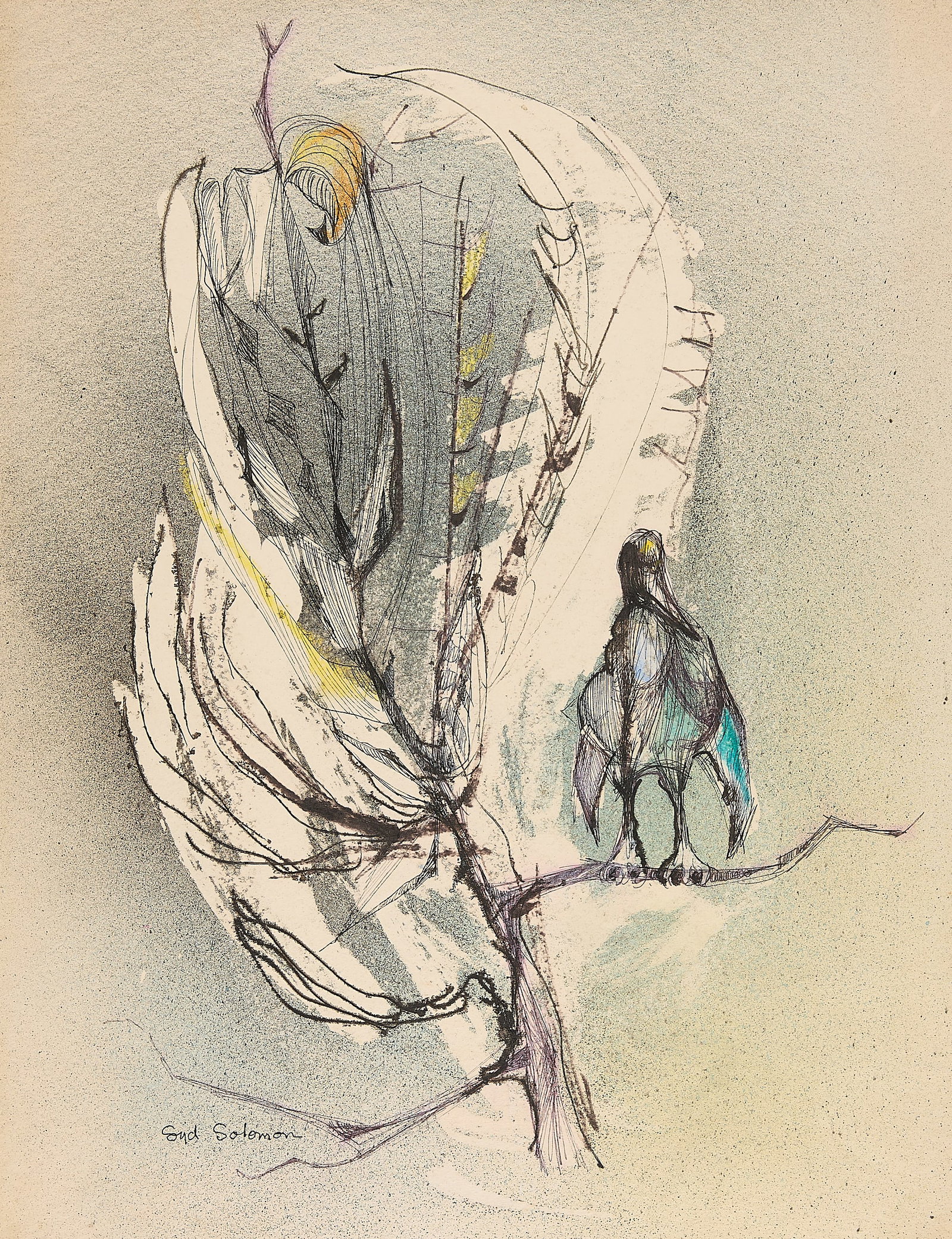Syd Solomon "Bird Father" Ink & Watercolor Drawing: Syd Solomon (American, 1917-2004). Ink and watercolor on paper drawing titled "Bird Father," mid-late 20th century. Depicting a lone bird perched along a branch featuring fluid, energetic black ink