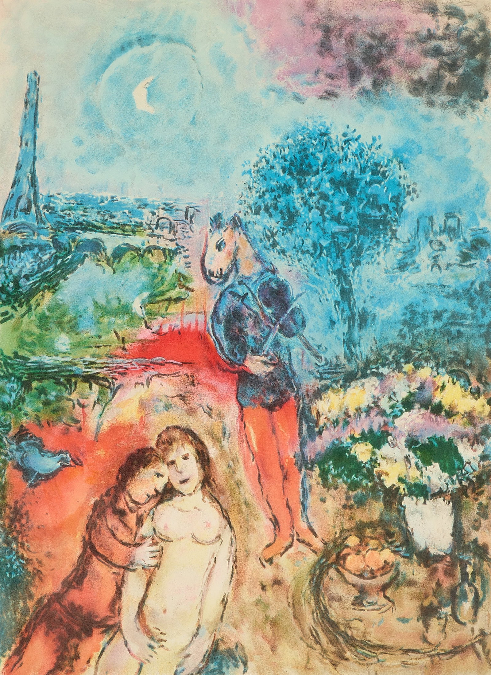 Marc Chagall "Eiffel Tower Serenade" Lithograph: Marc Chagall (French/Russian, 1887-1985). Lithograph print on paper titled "Eiffel Tower Serenade," late 20th century. Depicting two lovers embracing as a horse-headed figure plays the violin. Featuri