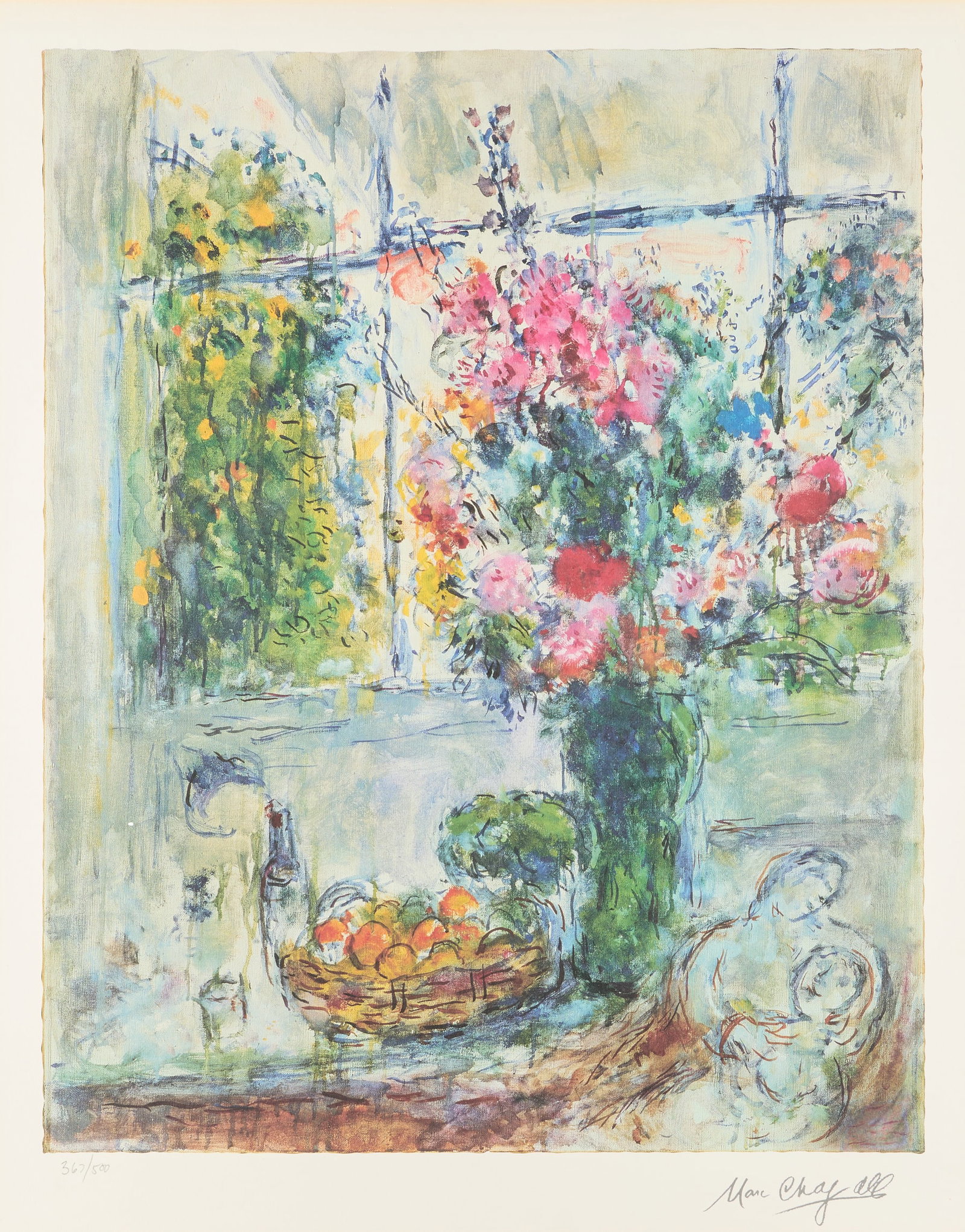 Marc Chagall "Fruits and Flowers" Lithograph: Marc Chagall (French/Russian, 1887-1985). Lithograph print on paper titled "Fruits and Flowers," depicting a still life bouquet of flowers beside a bowl of fruit. Signed in plate along the lower