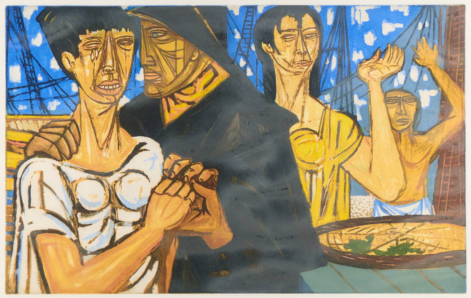 Giuseppe Migneco "Pescatori" Aquatint 1984: Giuseppe Migneco (Italian, 1908-1997). Aquatint on paper print titled "Pescatori (Fishermen)," depicting stylized figures beside fishing boats, 1984. Pencil signed along the lower right; editioned