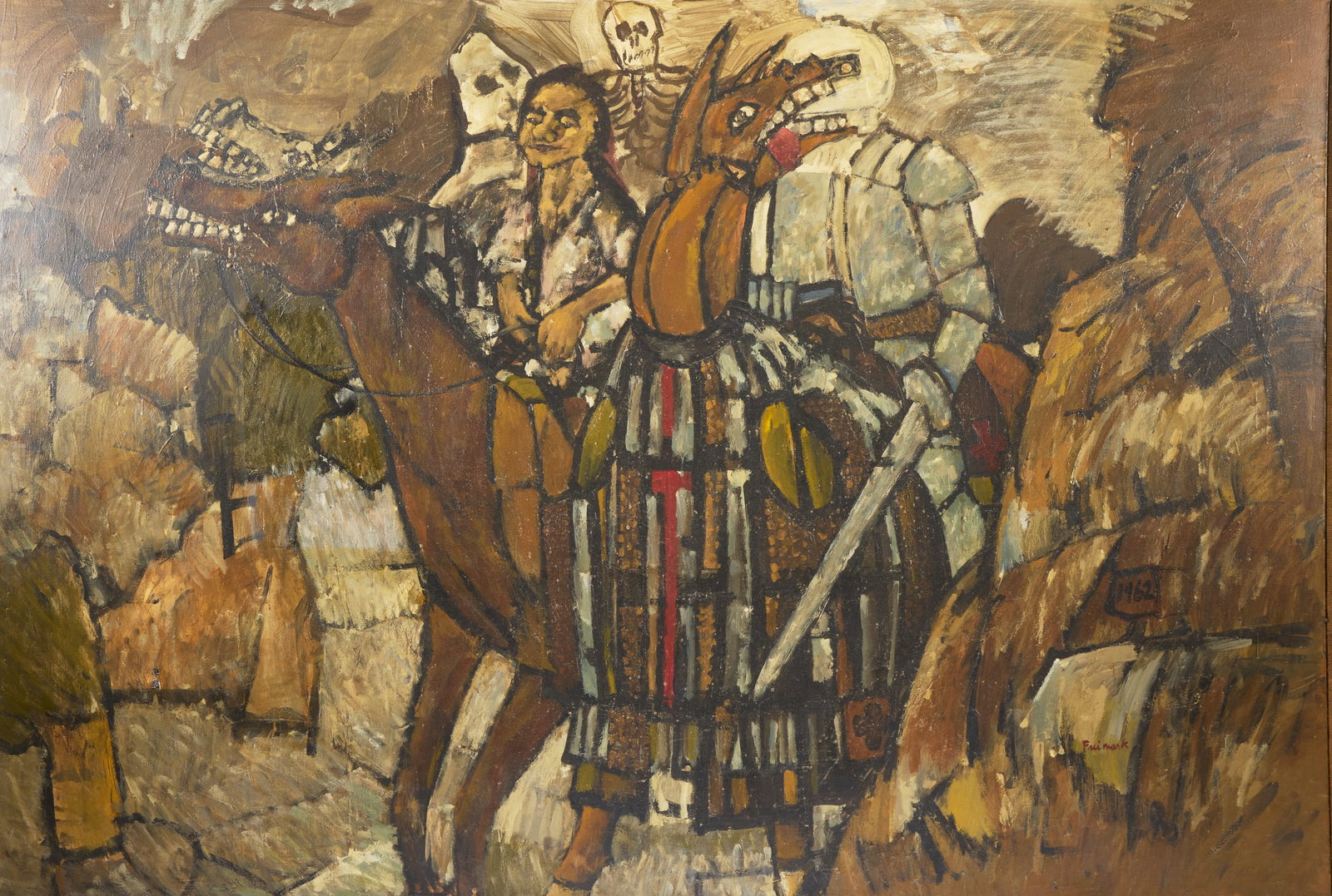 Robert Matthew Freimark "Four Horsemen" Painting: Robert Matthew Freimark (American, 1922-2010). Oil on canvas painting titled "The Four Horsemen of the Apocalypse," 1962. Depicting the biblical harbingers of doom, Conquest, War, Famine, and Death,
