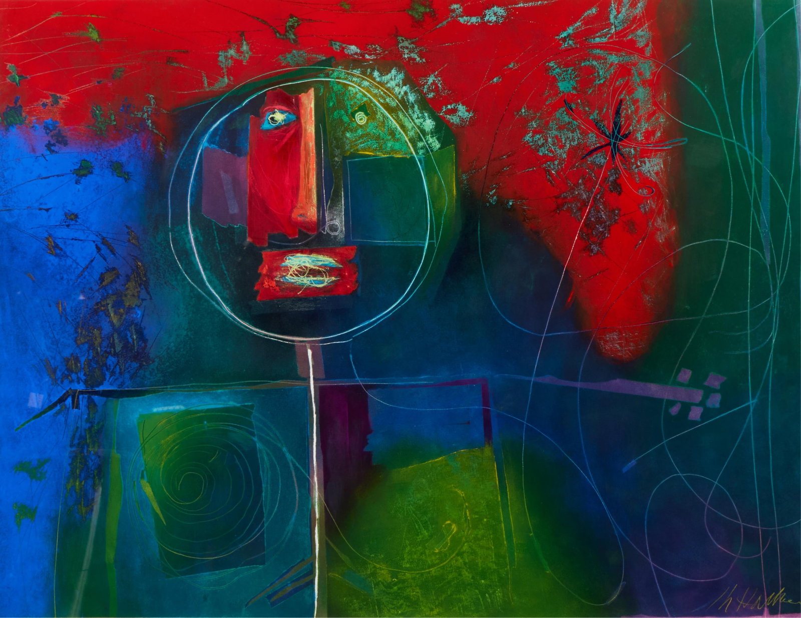 Terri Hallman Abstract Figure Dry Pigment on Paper: Terri Hallman (American, b. 1962). Dry pigment on paper artwork depicting an abstract geometric figure, 1993. Signed along the lower right. Date listed along the verso. Provenance: Distinguished