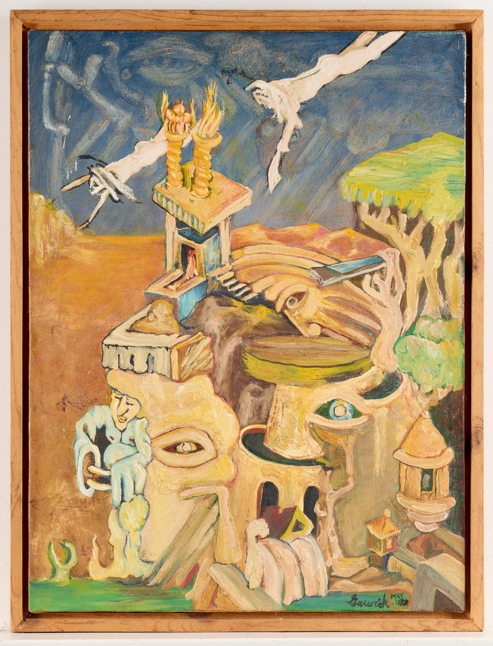 Signed Garwick Surrealist Oil Painting 1972: Oil on canvas painting depicting surrealist figural and architectural motifs, 1972. Signed Garwick and dated along the lower right. Unframed; height: 24 in x width: 17 1/4 in. Framed; height: 25 3/4 i