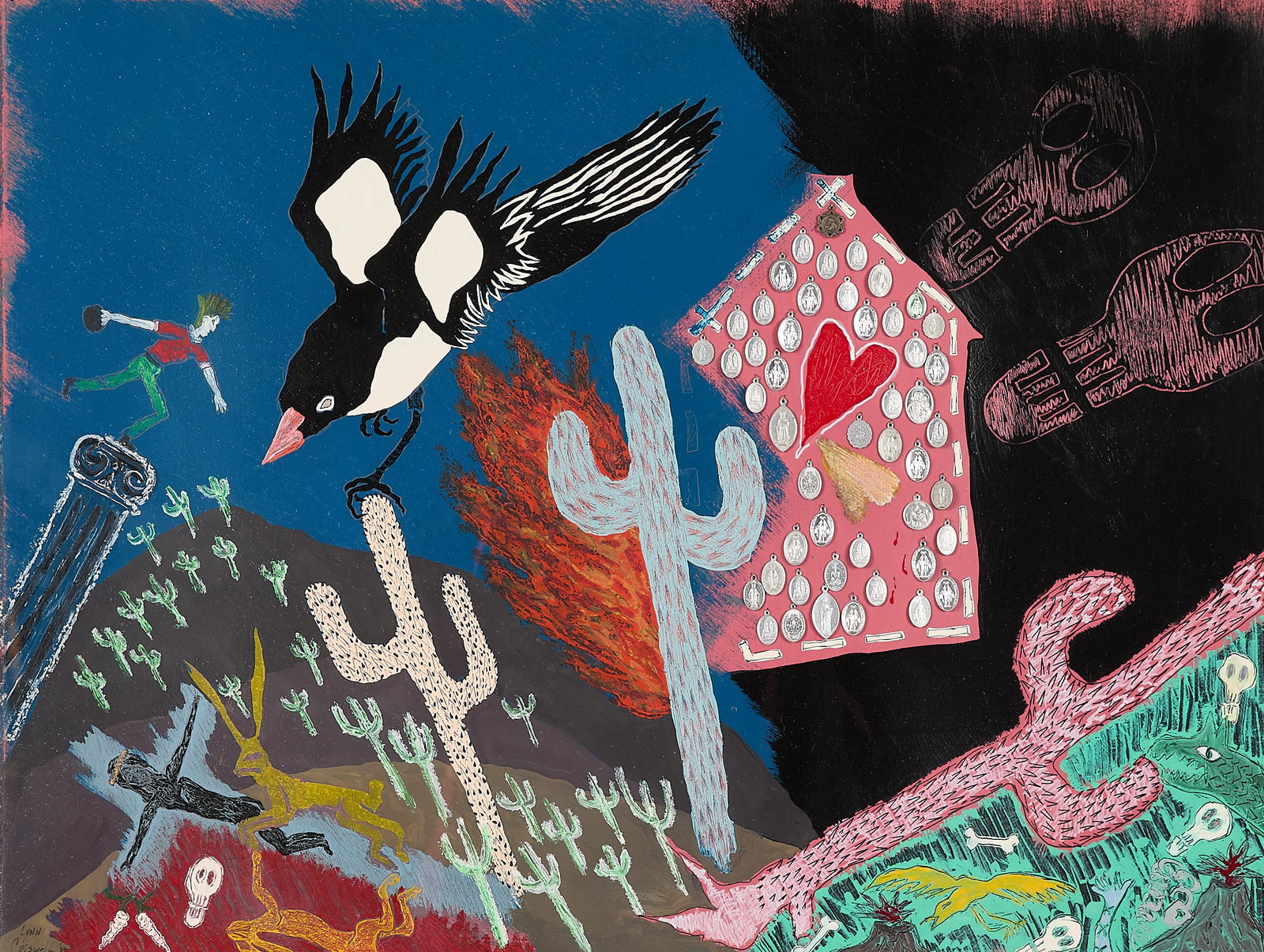 Lynn Criswell "Lost Souls" Painting 1988: Lynn Criswell (American, 20th/21st c.) Oil on paper painting titled "Lost Souls," 1988. Signed and dated along the lower left. Pen titled, dated, and signed along the verso. Sight; height: 22 1/2 in