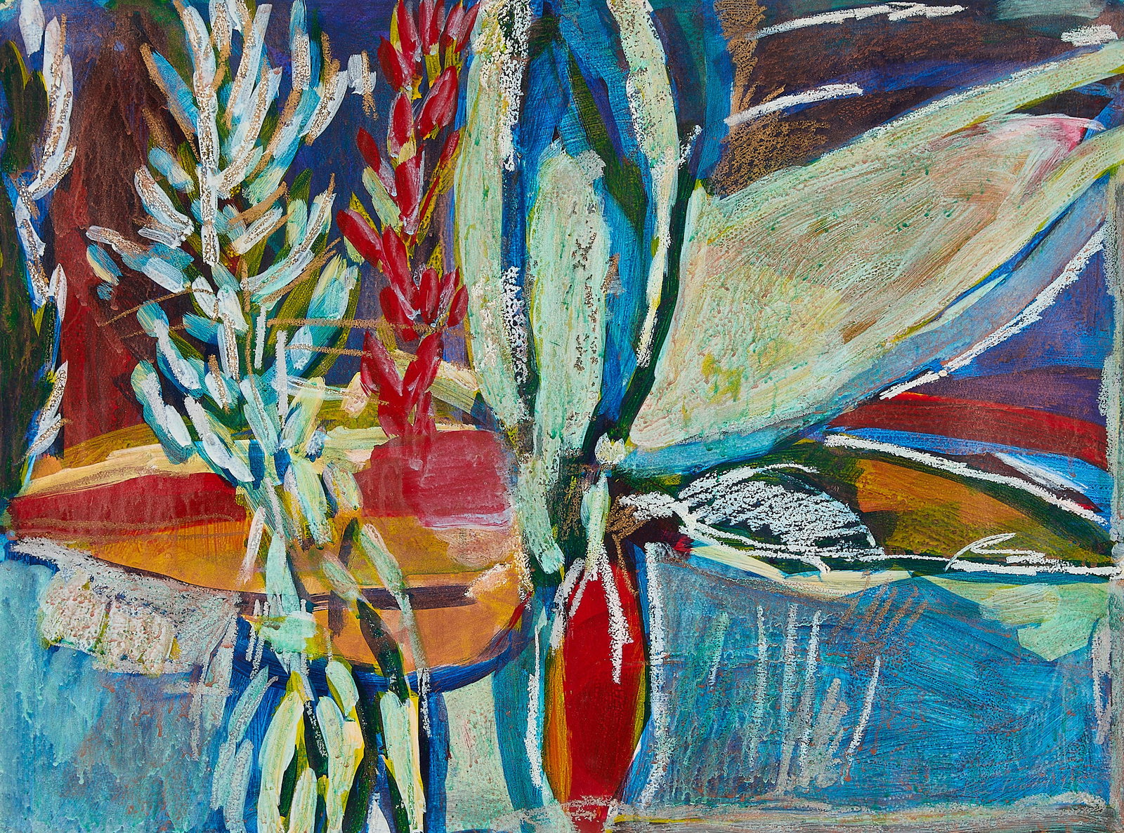 Joan Ross Bloedel "Wintering X" Mixed Media: Joan Stuart Ross Bloedel (American, b. 1942). Mixed media abstract expressionist painting on paper titled "Wintering X," 1987. Depicting vibrant tropical plant imagery with metallic accents. Pencil