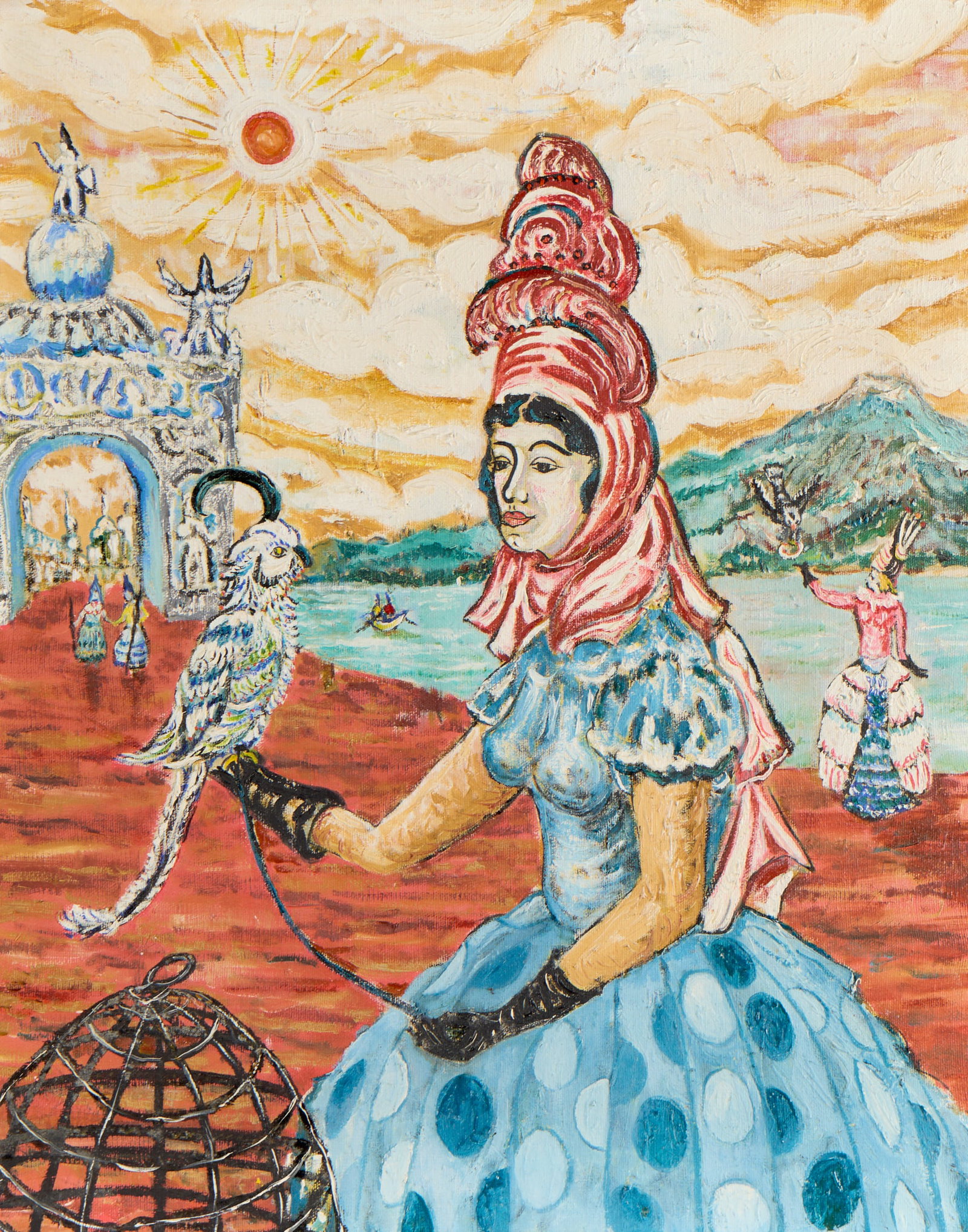Folk Art Whimsical Oil on Canvas Painting: Folk art oil on canvas painting depicting a central female figure with a bird perched on her hand in a vibrant, whimsical scene. Height: 20 1/4 in x width: 16 1/4 in x depth: 1 in.