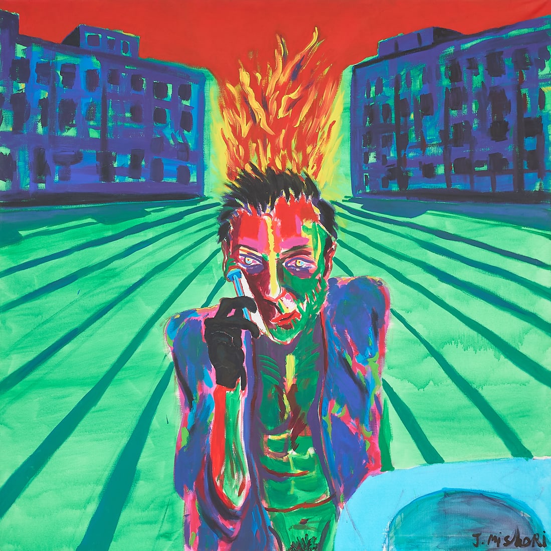 Jacob Mishori "Fire Shaving" Painting 1983: Jacob Mishori (Israeli, b. 1952). Acrylic on canvas painting titled "Fire Shaving", 1983. Depicting a portrait of a figure shaving with flames emerging from the crown of his head against an