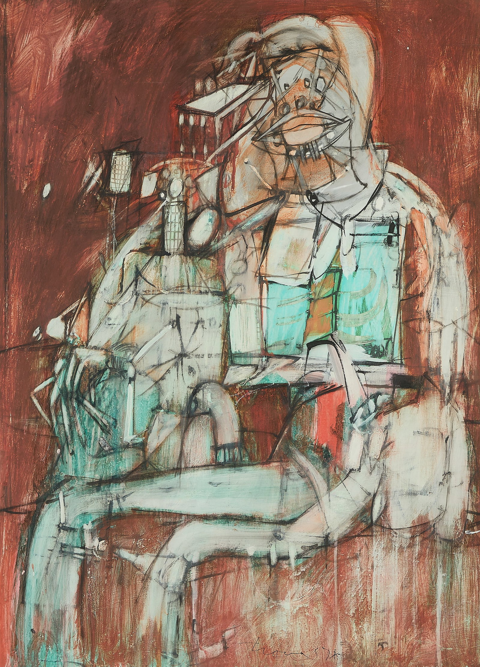 Ernest Trova "Modern Man" Oil on Paper: Ernest Trova (American, 1927-2009). Oil on paper painting titled "Modern Man," 1974. Depicting a seated office worker composed of disjointed, machine-like sections while the figure's head is encased