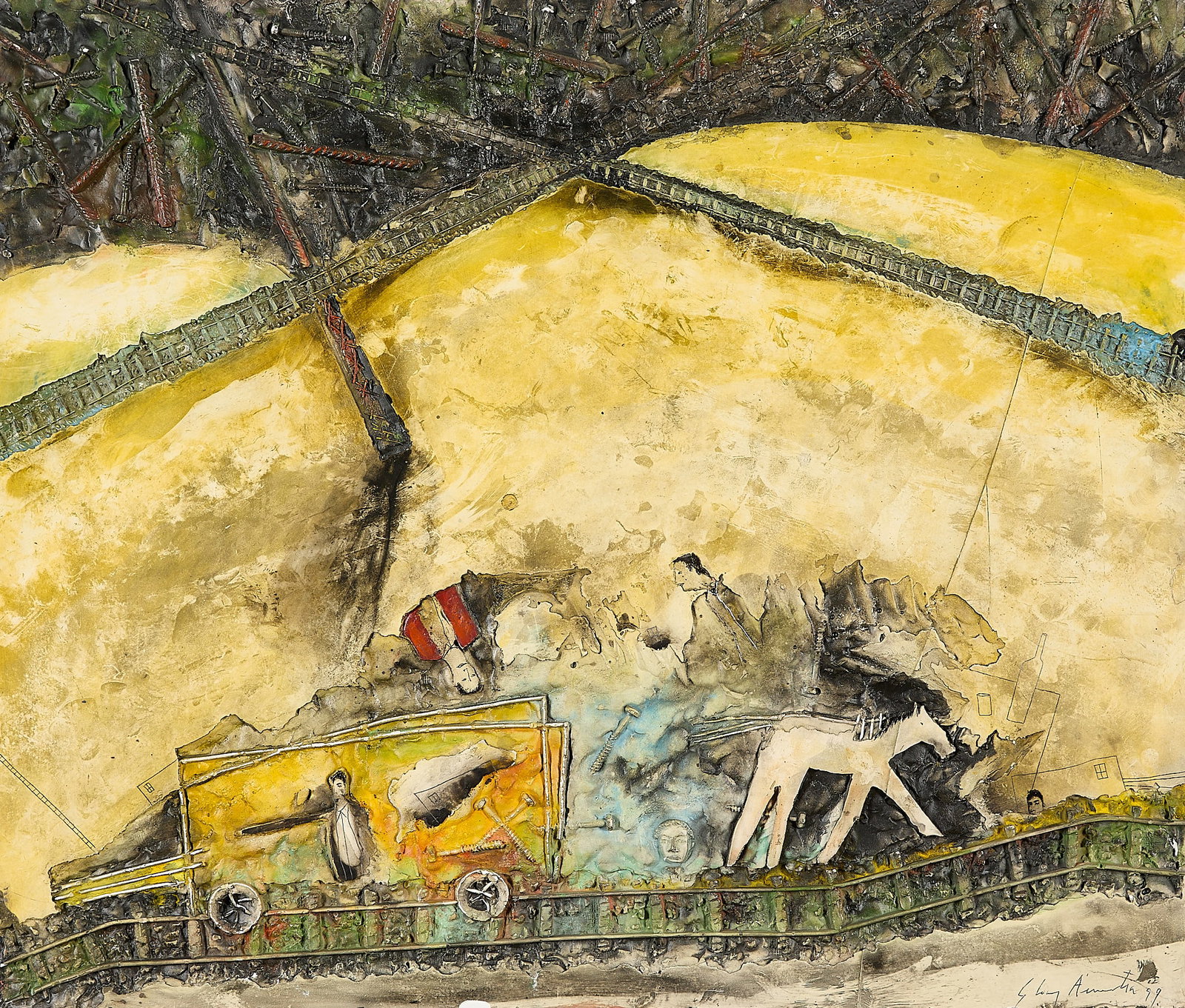 Gustavo Lopez Armentia "El Pasajero" MM 1999: Gustavo Lopez Armentia (Argentine, b. 1949). Mixed media artwork titled "El Pasajero (The Passenger)," 1999. Depicting an abstract industrial scene in which a horse pulls a trolley along a set of