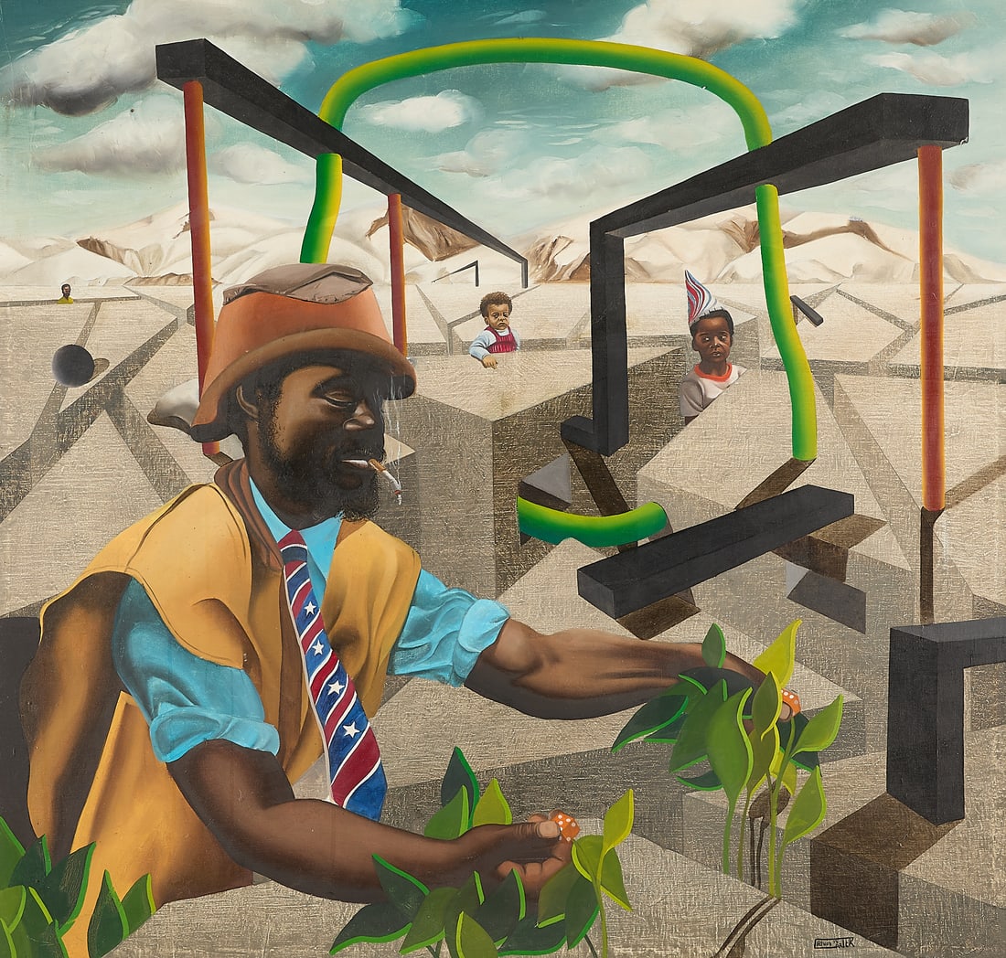 Alvin Carter Surrealist Oil Painting 1973: Alvin Carter (American, 20th/21st century). Oil on canvas painting depicting surrealist motifs evoking historical themes, 1973. Signed and dated along the lower right. Sight; height: 36 1/2 in x