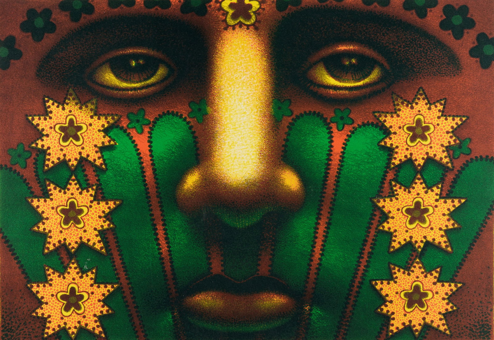 Ed Paschke "Bondo" Lithograph 2005: Ed Paschke (American, 1939-2004). Lithograph print on paper titled "Bondo," 2005. Depicting a closely cropped human face with large eyes staring directly at the viewer. Featuring a bright yellow nose 