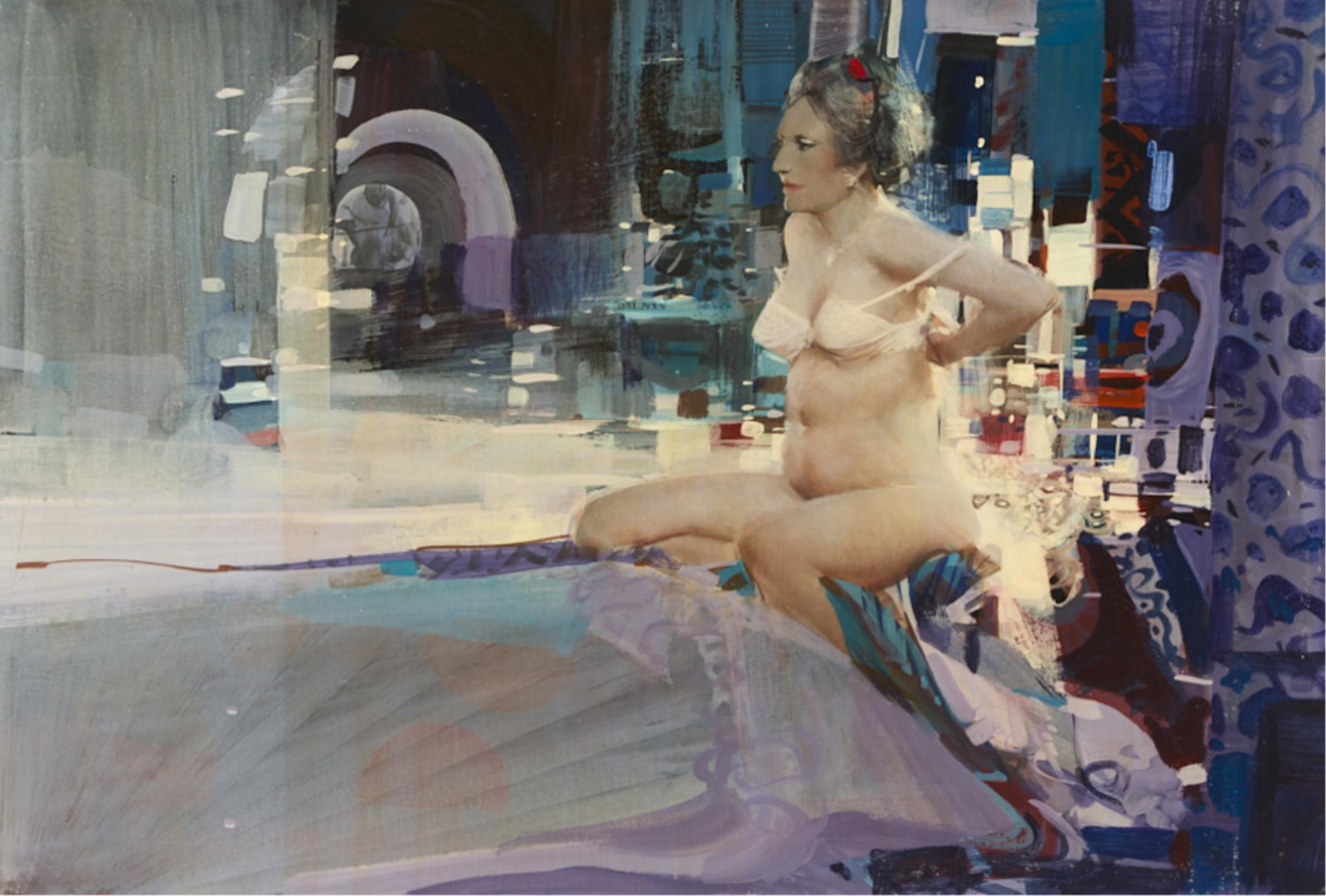 John Conrad Berkey Nude Painting 1999: John Conrad Berkey (American, 1932-2008). Acrylic on cardboard painting depicting a woman undressing, 1999. Signed and dated along the verso. Sight; height: 19 in x width: 28 in. Matted; height: 27