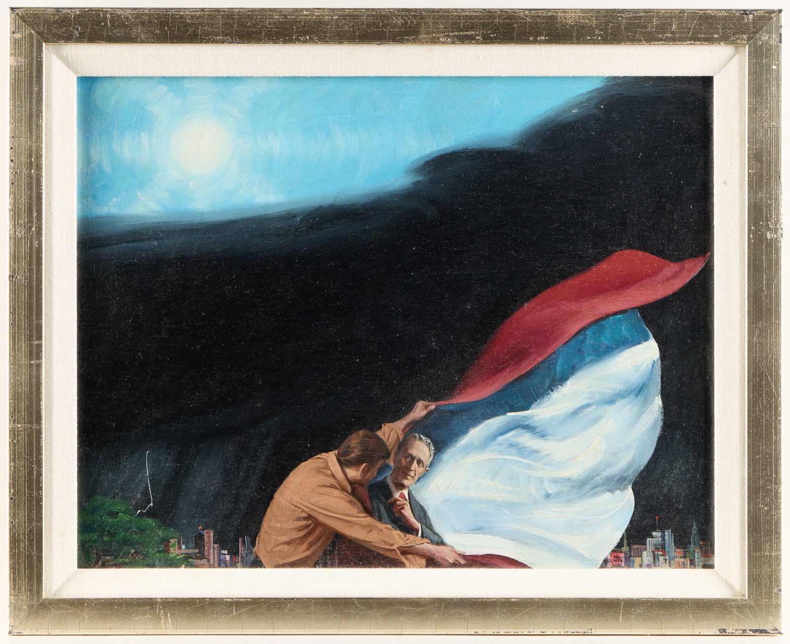 Surrealist Figurative Oil Painting 1978: Oil on board painting depicting surrealist motifs, 1978. Pencil inscribed "Protestant, 1978, September, A New Order, Matthew 5:38-42" along the verso. Sight; height: 13 1/2 in x width: 17 1/2 in.