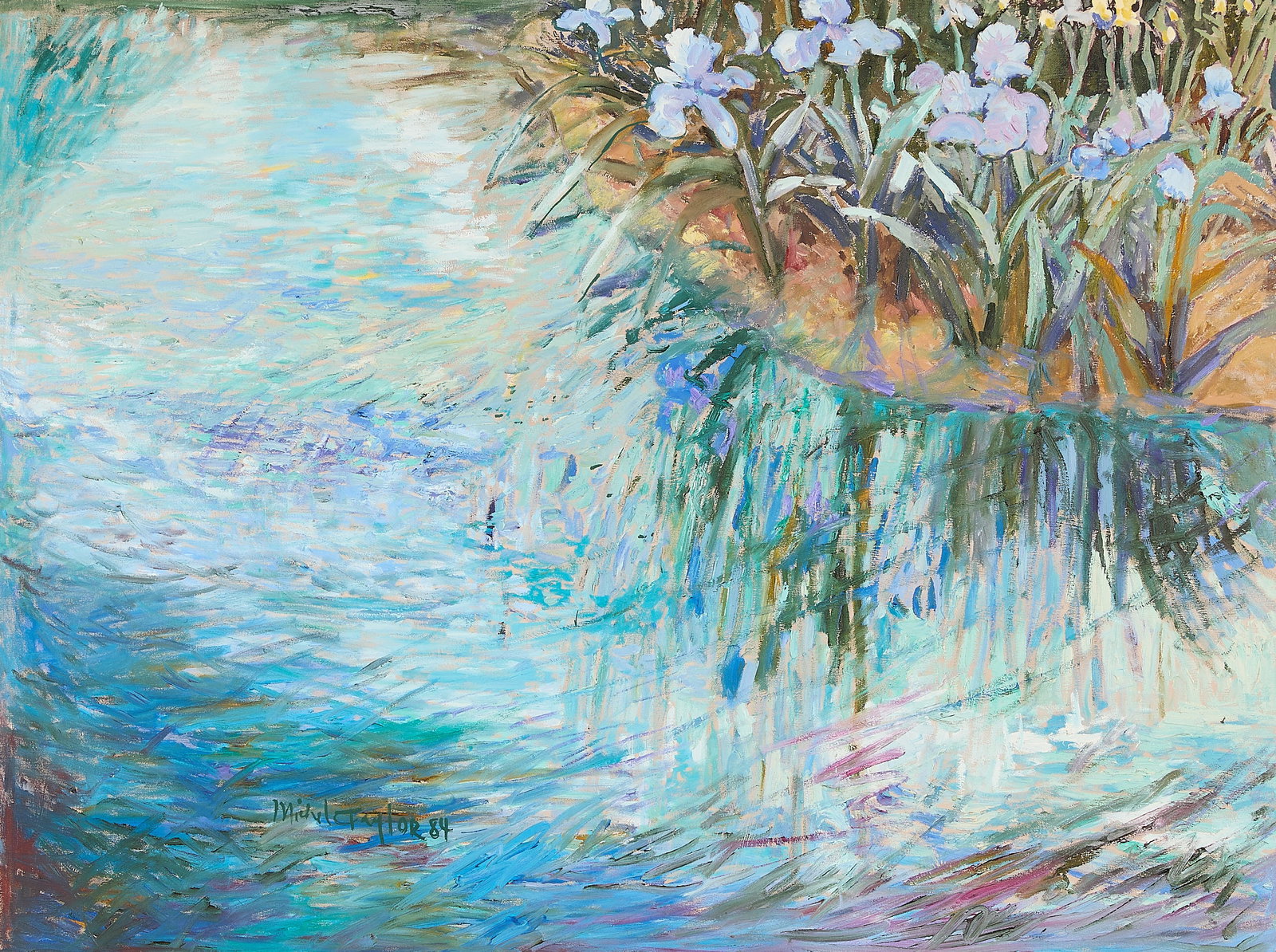 Michelle Taylor Hayakawa "Iris Reflection" Oil: Michelle Taylor Hayakawa (American, 20th century). Impressionist oil on canvas painting depicting blooming irises reflecting within a pool of water, 1984. Signed and dated along the lower left.