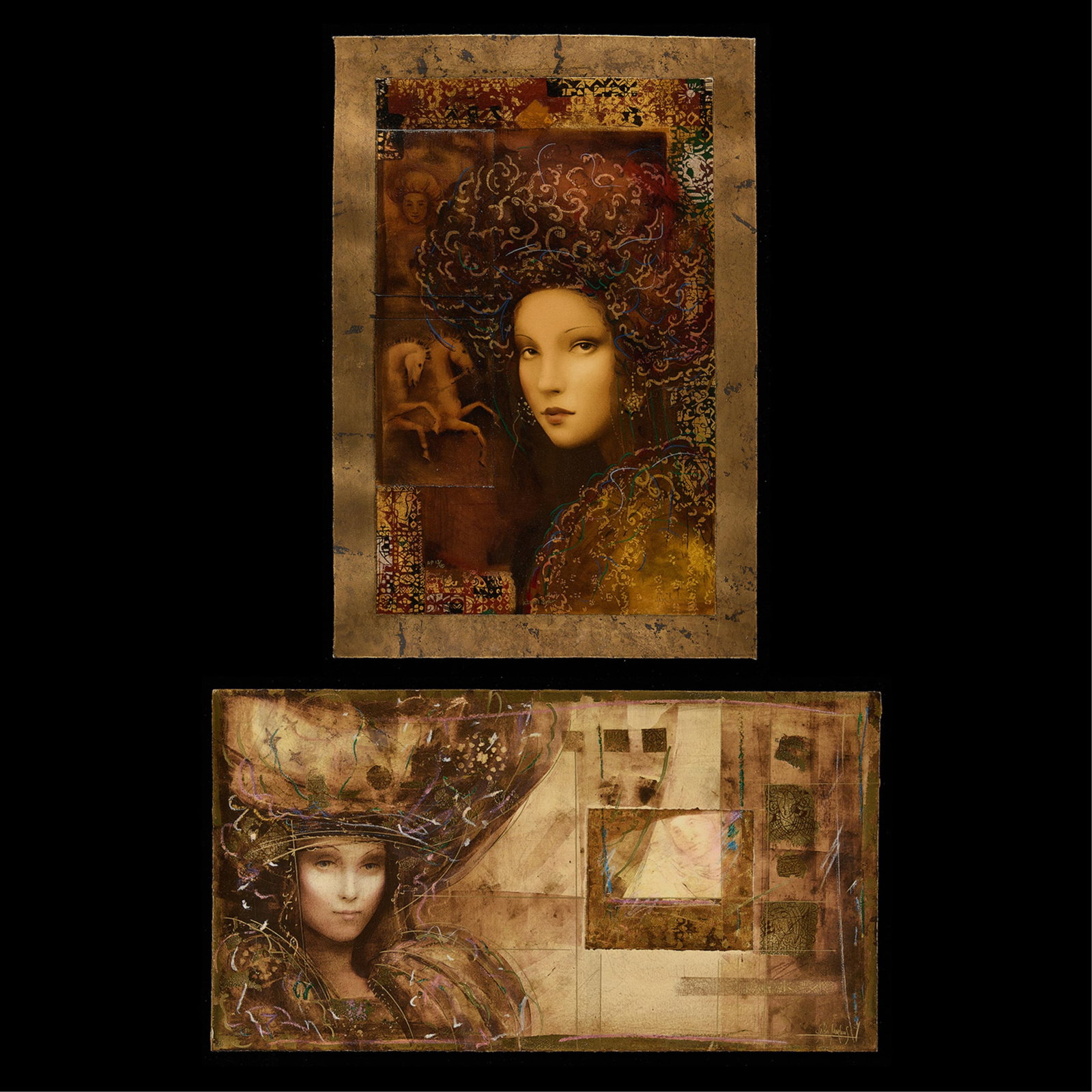 Csaba Markus "Uliana" & "Alexandria" Serigraphs: Csaba Markus (Hungarian/American, b. 1953). Group of two embellished serigraph prints. Including "Uliana's Dream," signed, titled, and numbered 13/40 along the lower edge; and "Lady of Alexandria,"