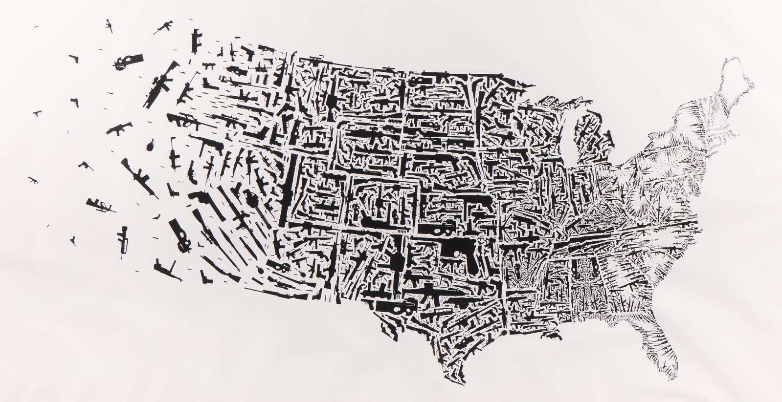 Eli Miller "Guns" Digital Print: Eli Miller (American, 21st c). Large digital print on paper titled "Guns," circa 2013. Depicting a map of the United States composed entirely of gun silhouettes. Sight; height: 43 3/4 in x width: 88