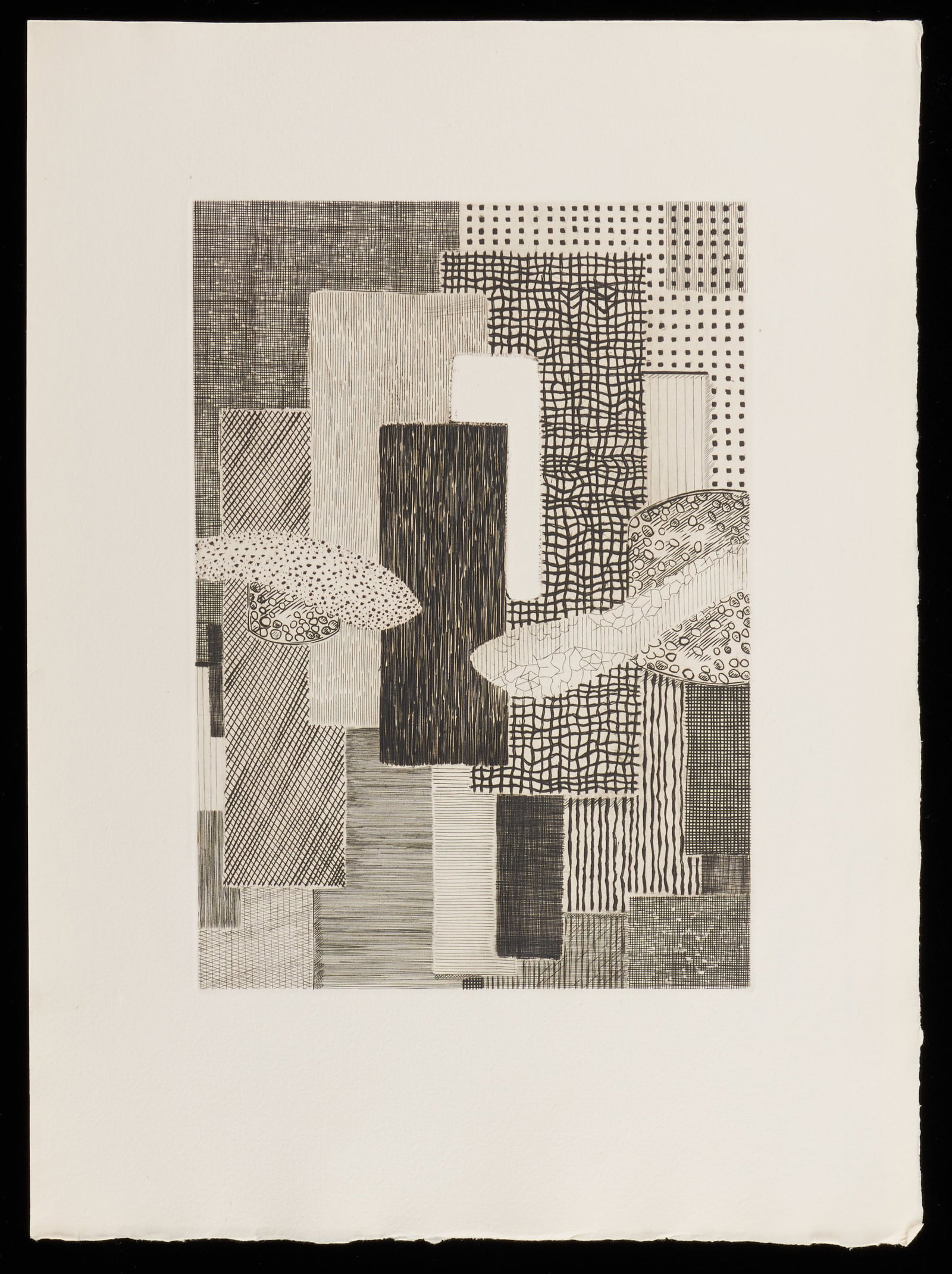 Roger Vieillard "Poeme a Deux Voix" Print w/ Poem: Roger Vieillard (French, 1907-1989). Etching titled "Poeme a Deux Voix" depicting two serpentine forms meeting against a background of patterned rectangles. With a poem of the same name by Jean Tardie