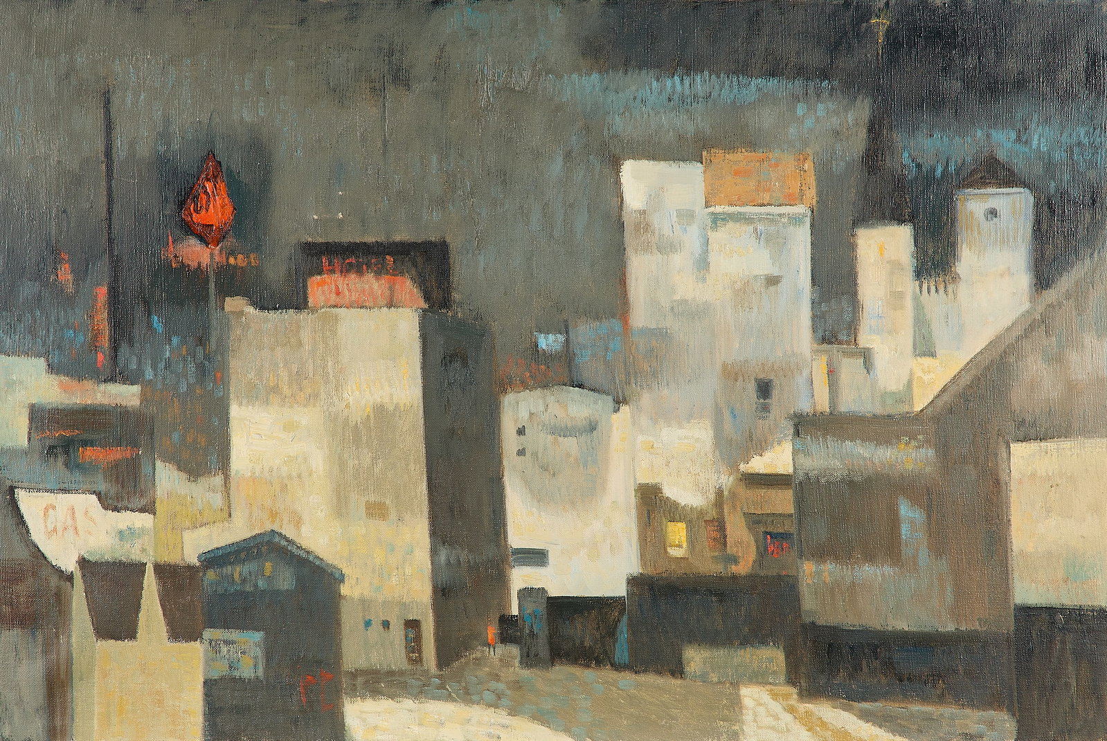 Cyrus Running "Night Parking Lot" Oil Painting: Cyrus M. Running (American, 1913-1976). Oil on canvas painting titled "Night Parking Lot," depicting a geometric industrial cityscape. Titled along the verso. Unframed; height: 24 in x width: 36 in. F